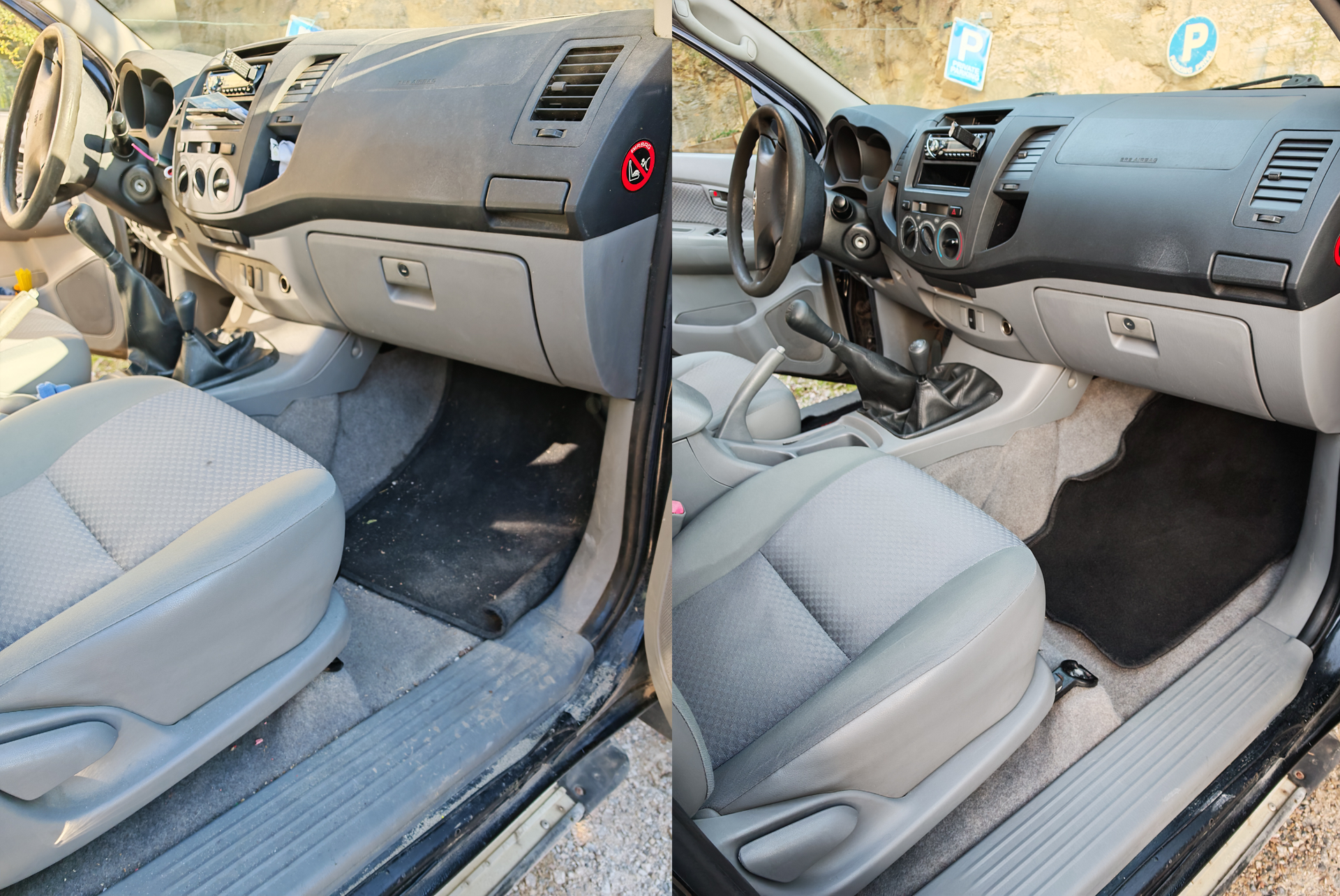 Avant/après d’un nettoyage intérieur complet sur un pick-up encrassé utilisé pour la chasse à Langlade