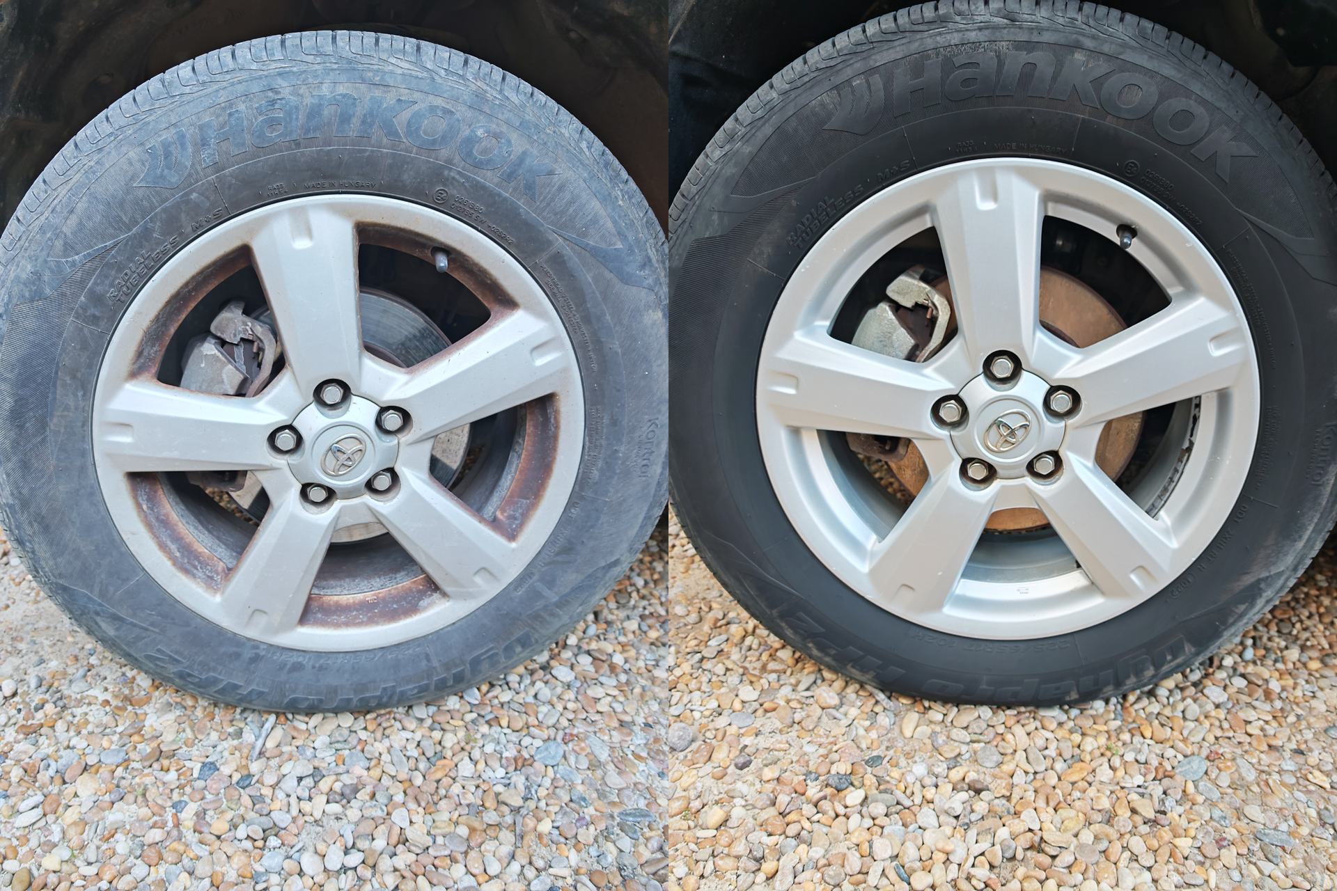 Avant/après d’un nettoyage en profondeur d’une jante Toyota très sale à Vendargues