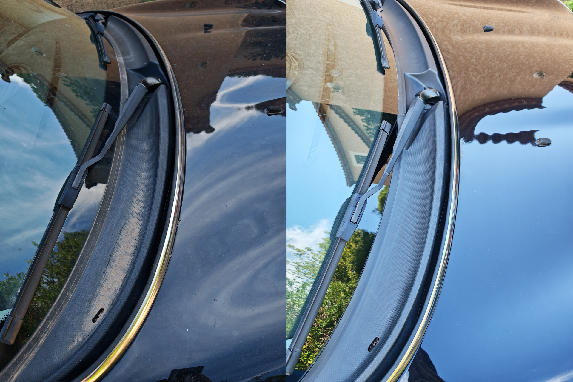 Avant/après d’un nettoyage du capot, du pare-brise et des plastiques autour des essuie-glaces d’une Mini noire à Castries