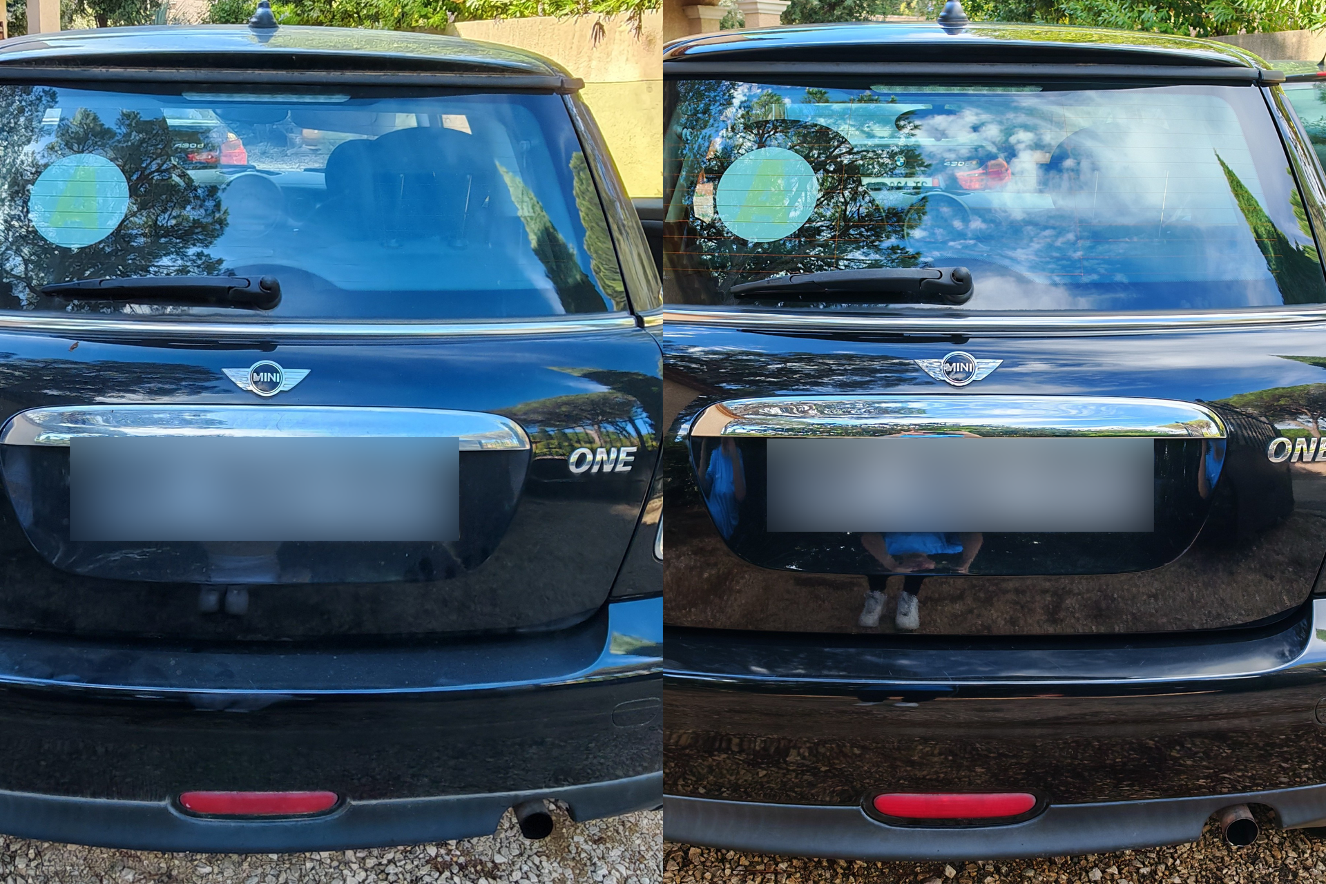 Avant/après d’un lavage extérieur complet de l’arrière d’une Mini noire à Castries