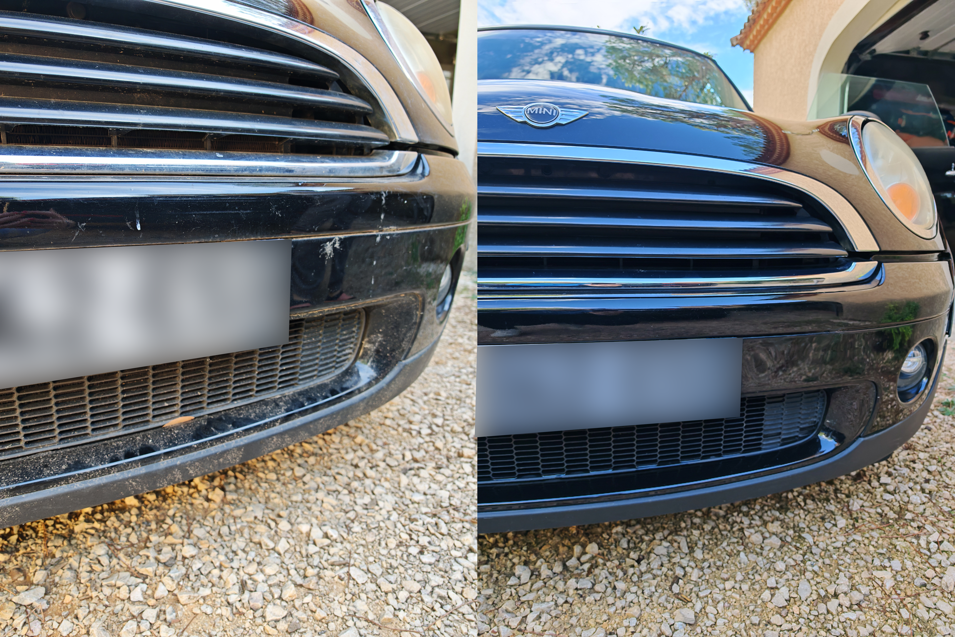 Avant/après d’un nettoyage de la face avant et de la calandre d’une Mini noire après démoustiquage à Castries