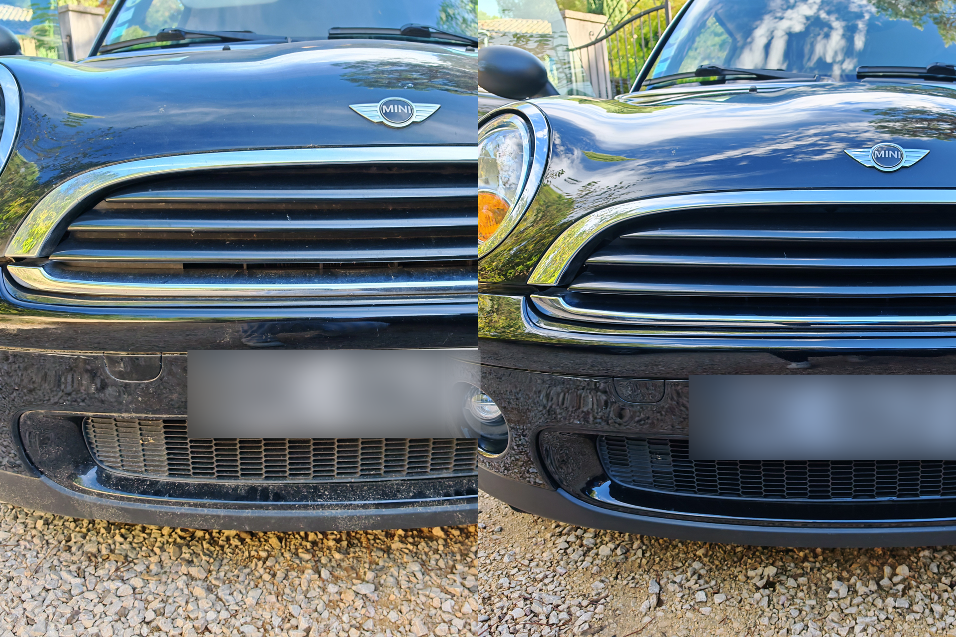 Avant/après d’un nettoyage du pare-chocs avant et de la grille inférieure d’une Mini noire