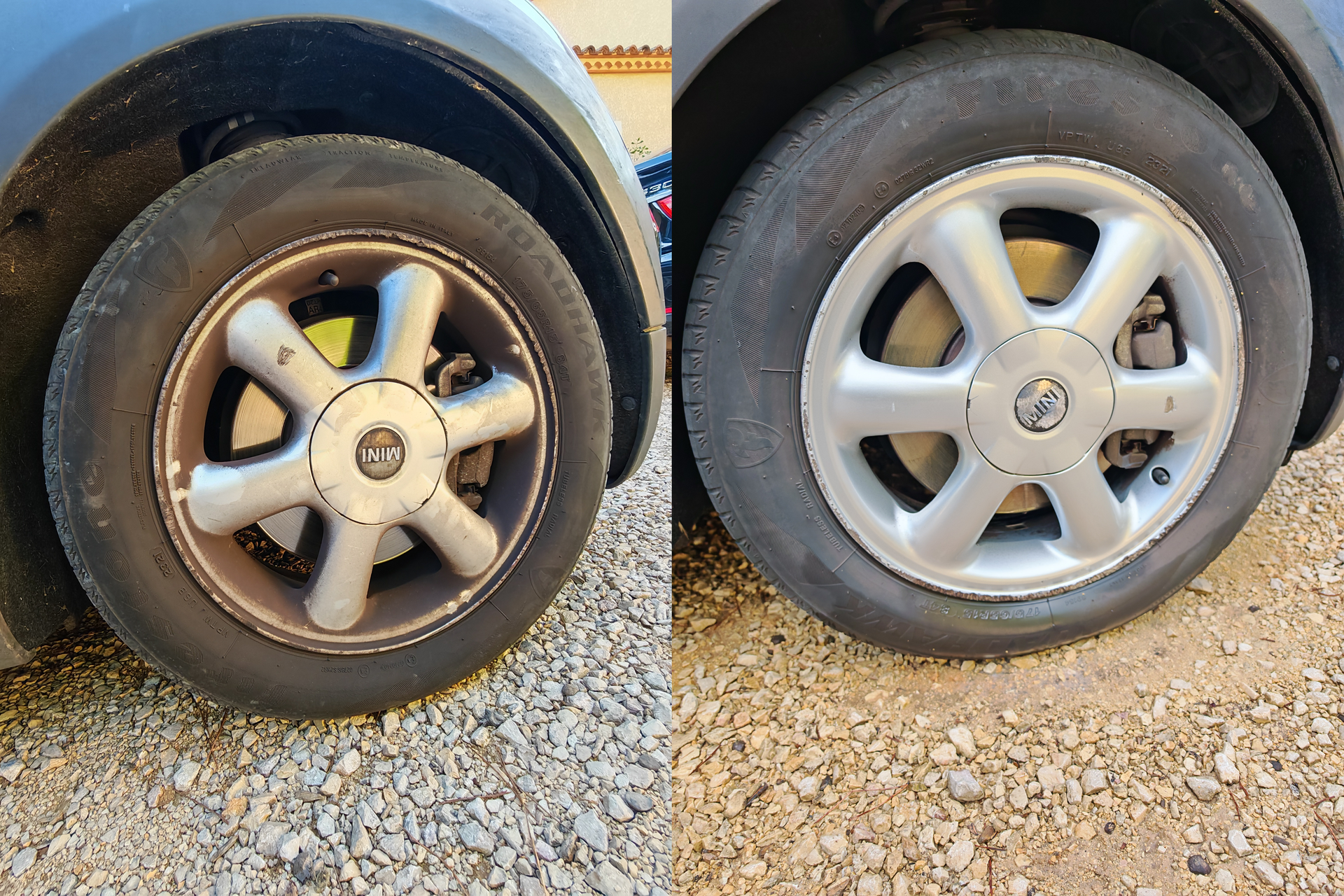 Avant/après d'un nettoyage de jantes très encrassées d'une mini à Castries