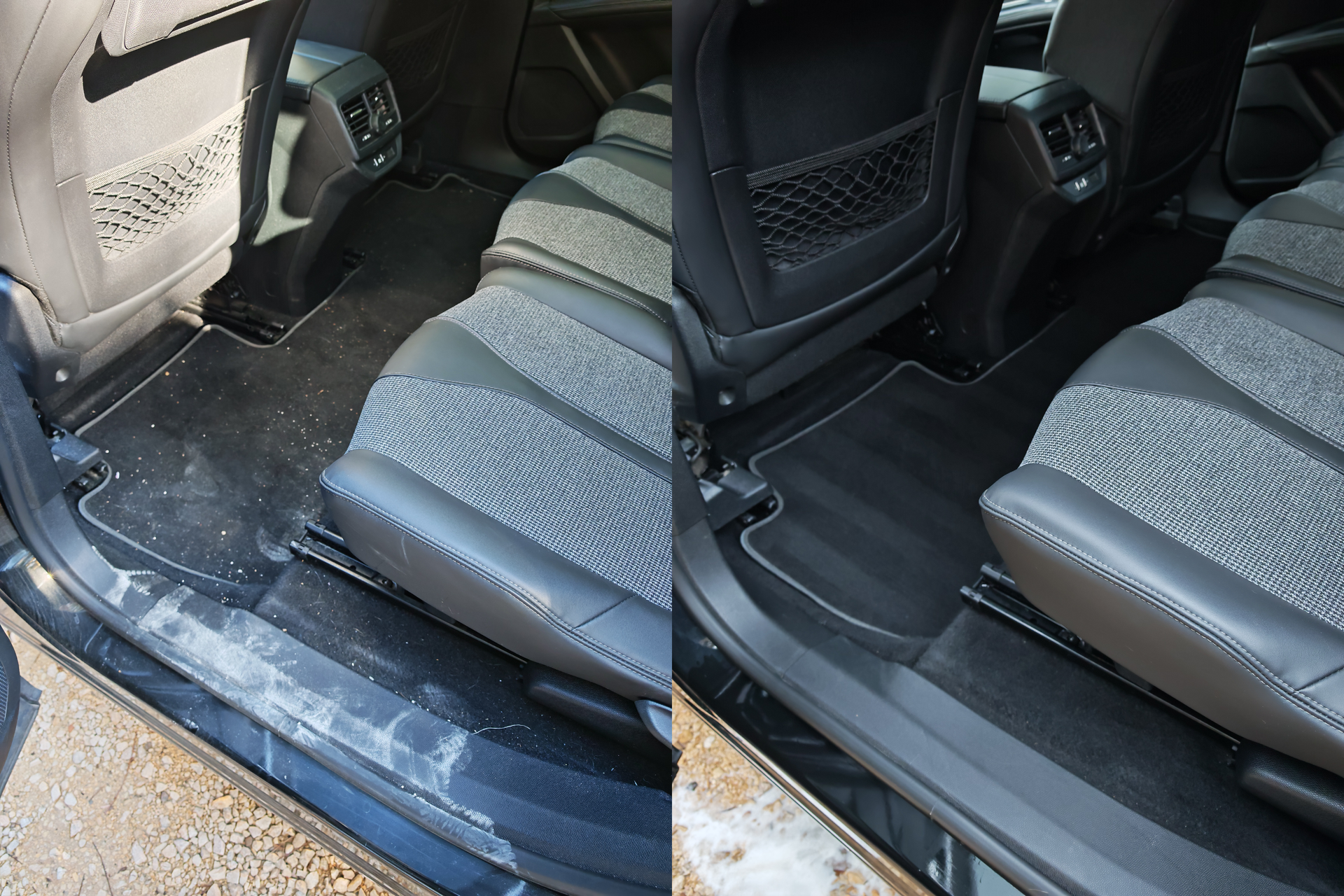 Avant/après d’un nettoyage des sièges arrière et des tapis d’un Peugeot 5008 à Langlade