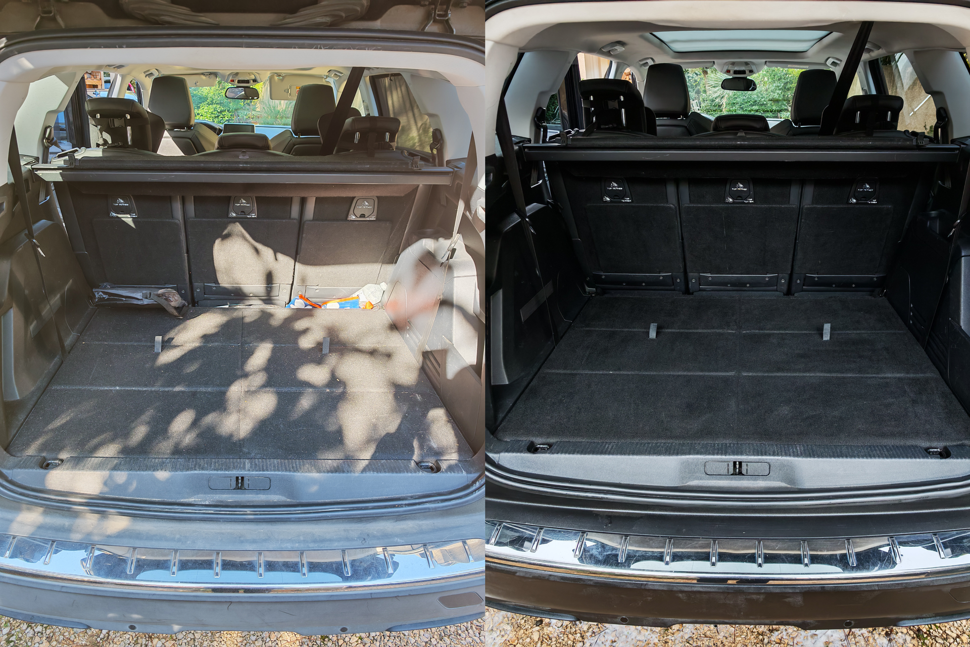 Avant/après d’un nettoyage en profondeur de la moquette et du plancher de coffre d’un Peugeot 5008 à Langlade
