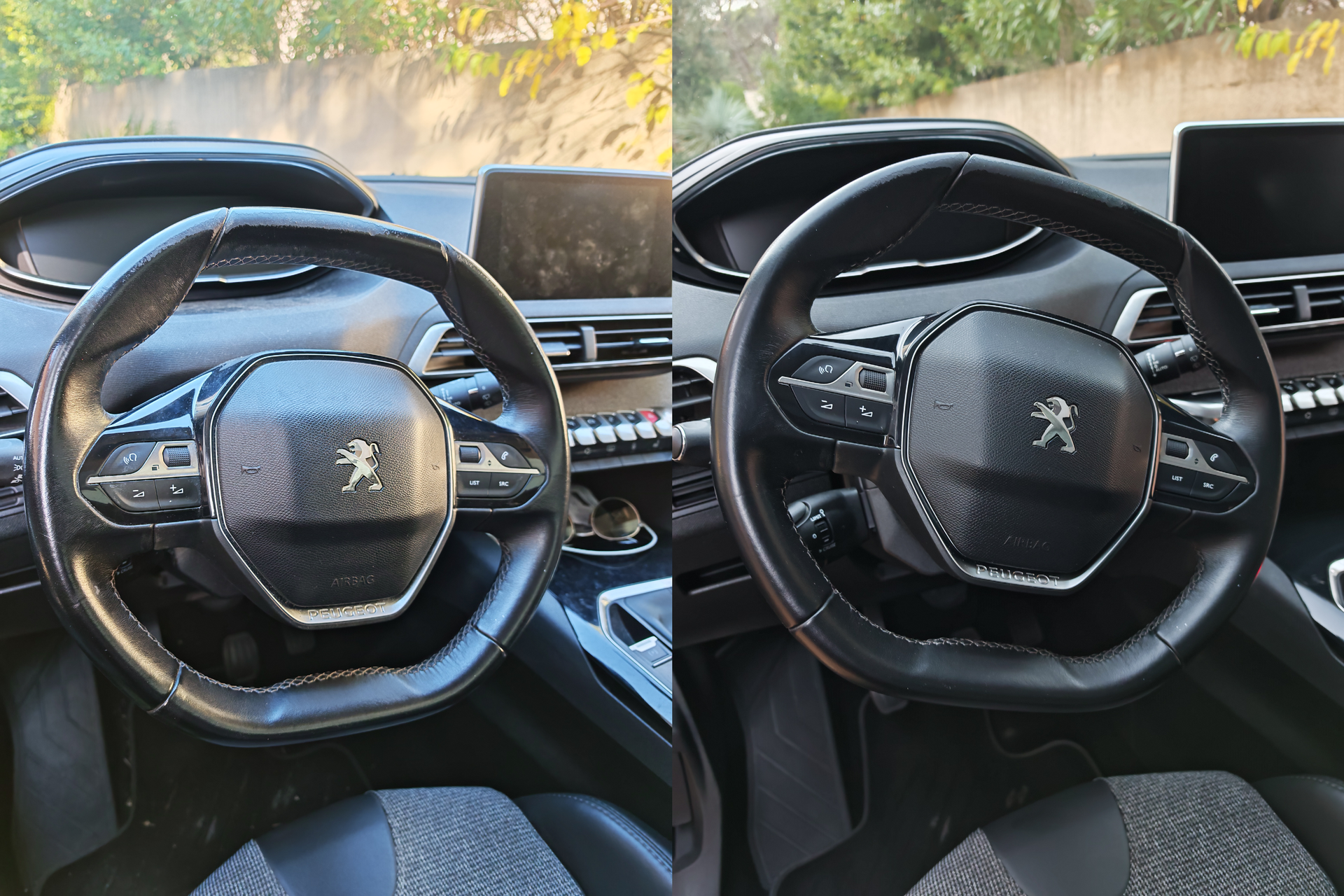 Avant/après d’un nettoyage du volant en cuir et du poste de conduite d’un Peugeot 5008