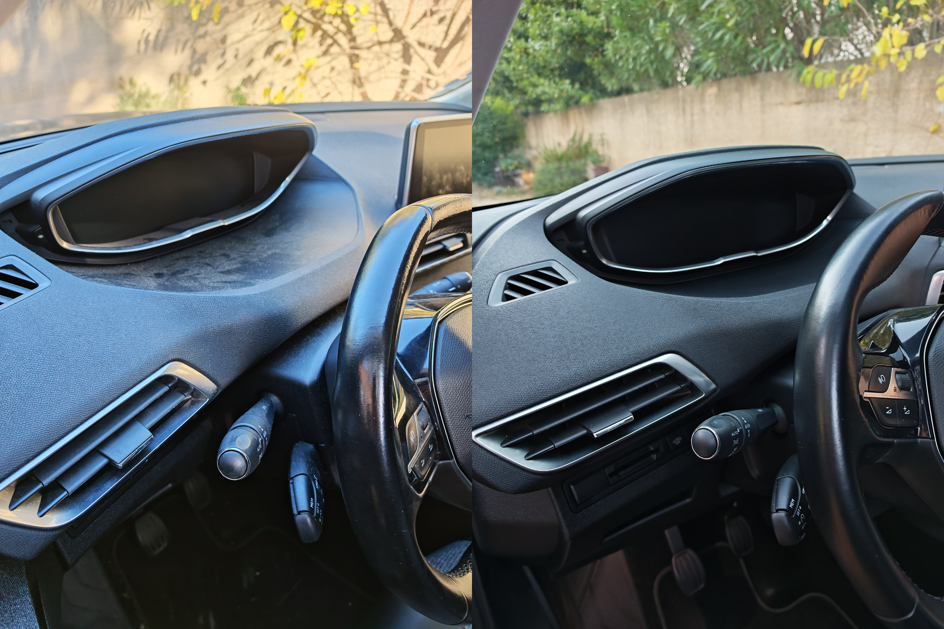 Avant/après d’un dépoussiérage et nettoyage du tableau de bord et de la casquette de compteur d’un Peugeot 5008 à Langlade