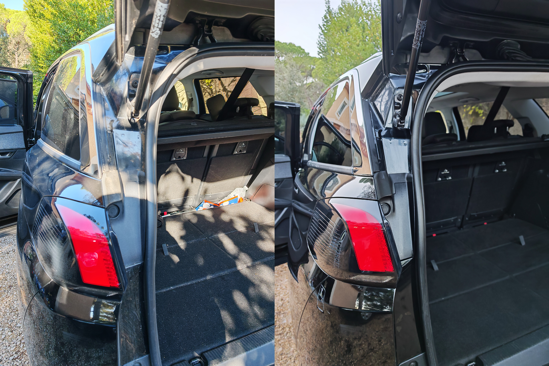 Avant/après d’un nettoyage du cadre de porte, des joints et des plastiques de coffre d’un Peugeot 5008 à Langlade