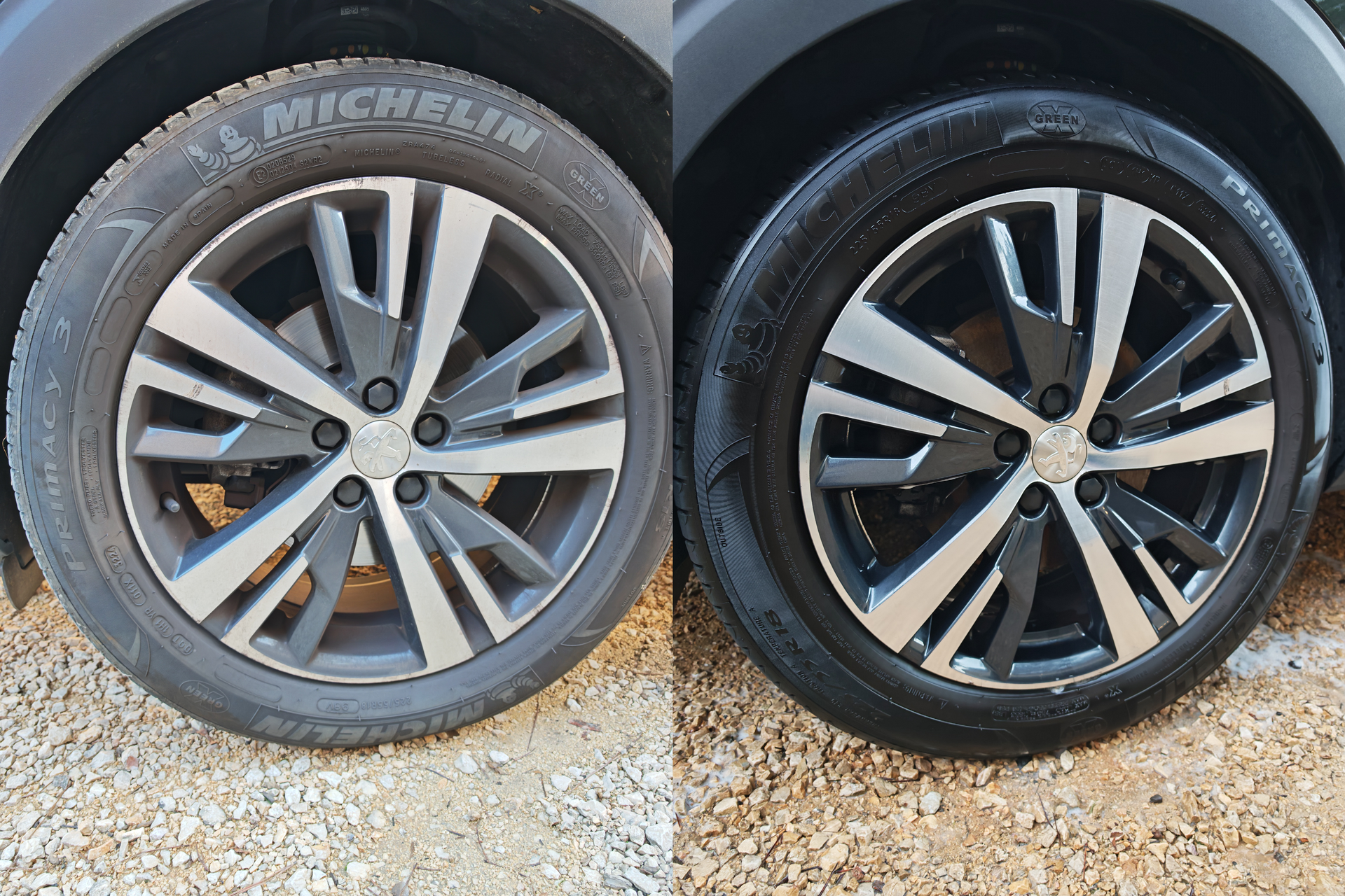 Avant/après d’un nettoyage en profondeur d’une jante Peugeot 5008 avec pneu Michelin à Langlade