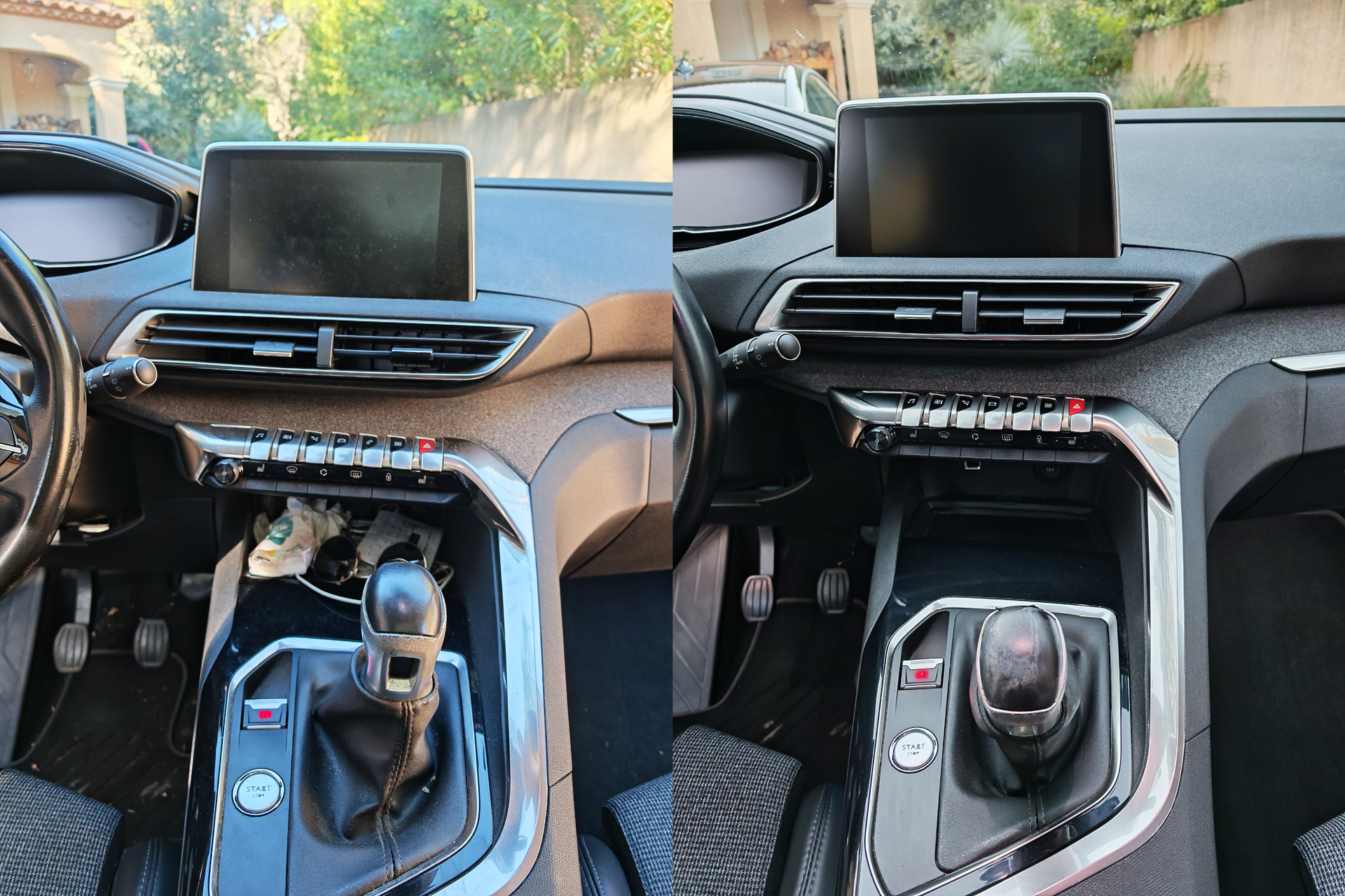 Avant/après d’un nettoyage complet de la console centrale et du levier de vitesse d’un Peugeot 5008 à Langlade