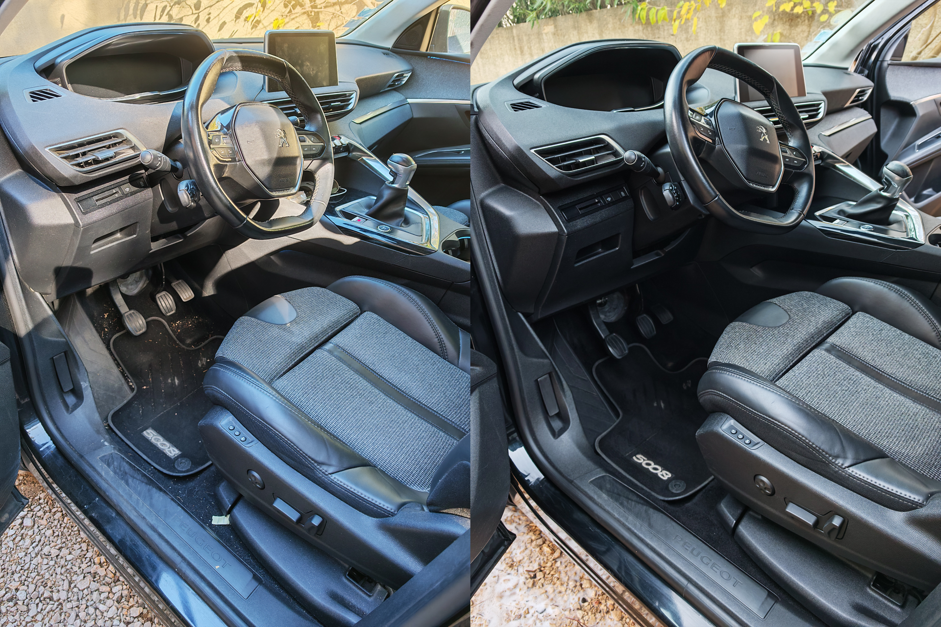 Avant/après d’un nettoyage complet du poste de conduite et du siège conducteur d’un Peugeot 5008 à Langlade