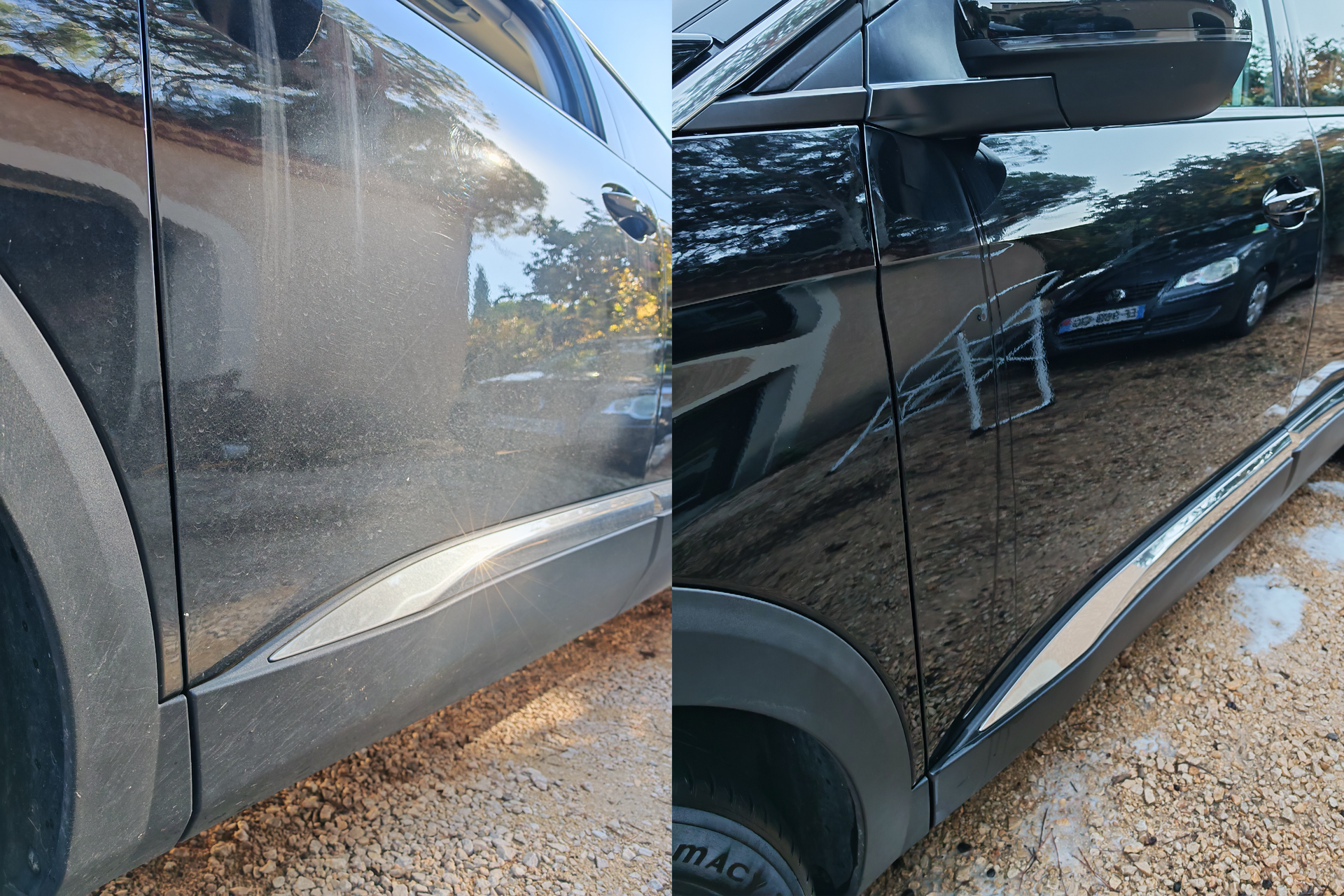 Avant/après d’un lavage de la carrosserie latérale d’un Peugeot 5008 noir à Langlade
