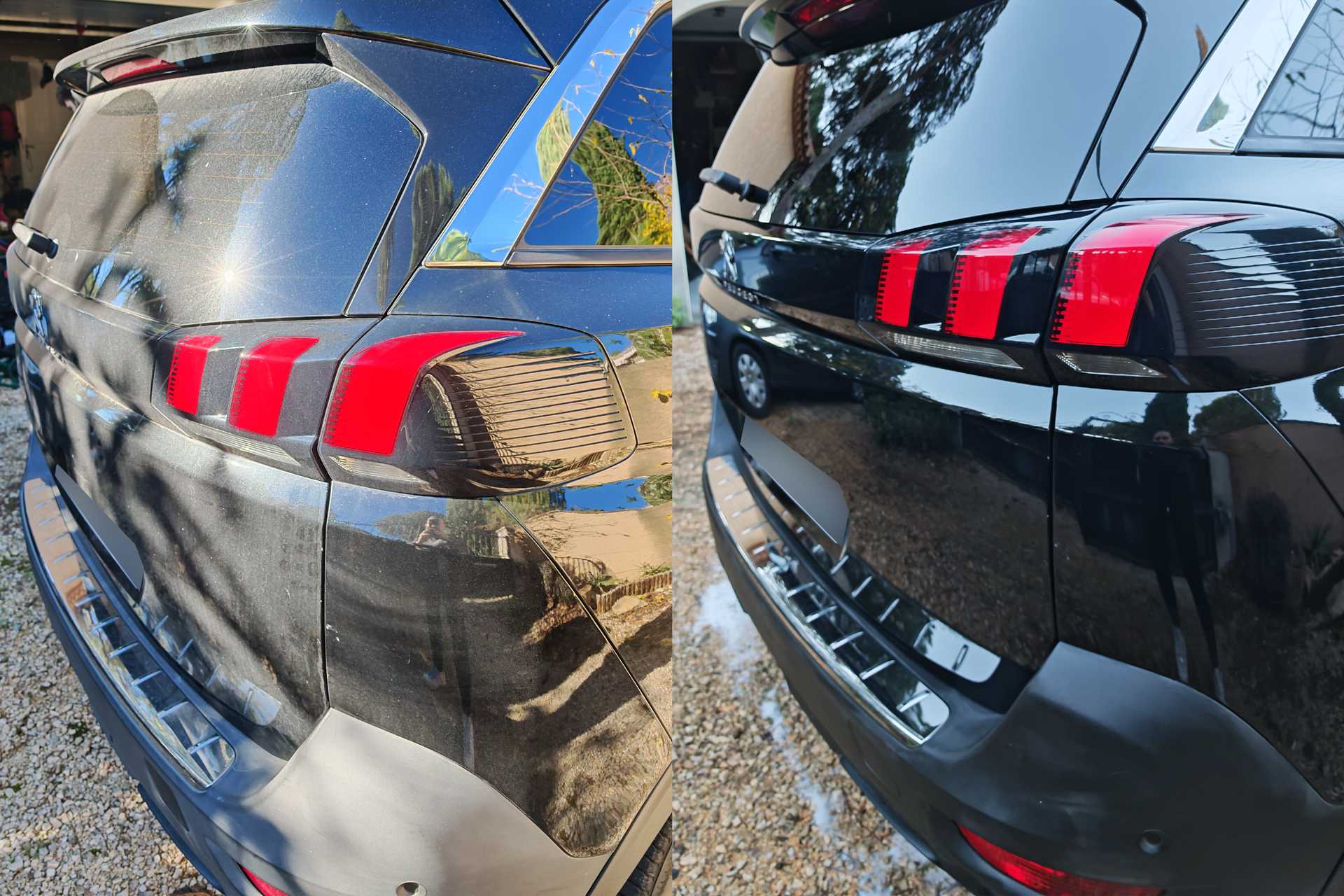 Avant/après d’un lavage extérieur de l’arrière d’un Peugeot 5008 noir et de ses feux arrière