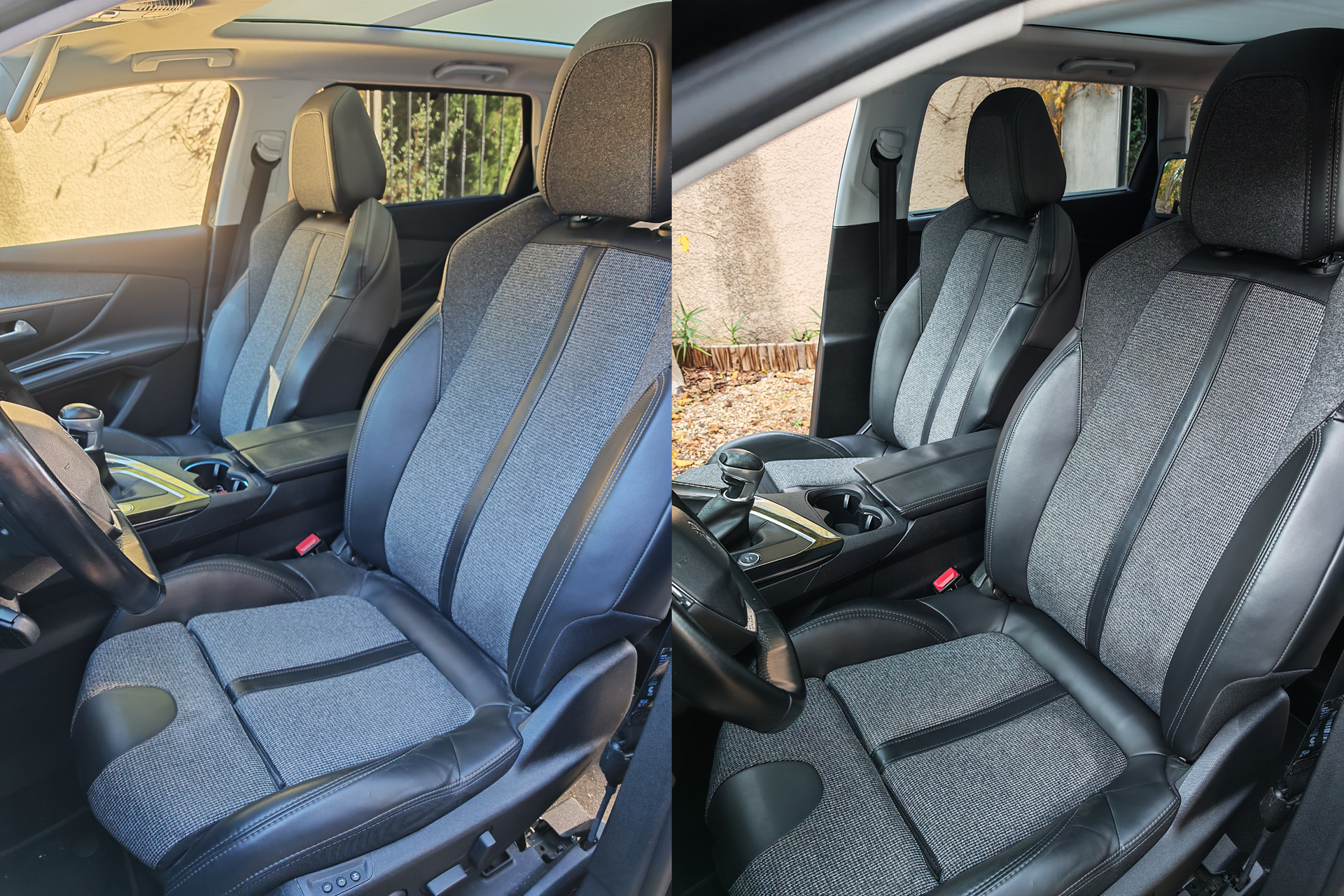 Avant/après d’un nettoyage des sièges avant en tissu et cuir d’un Peugeot 5008