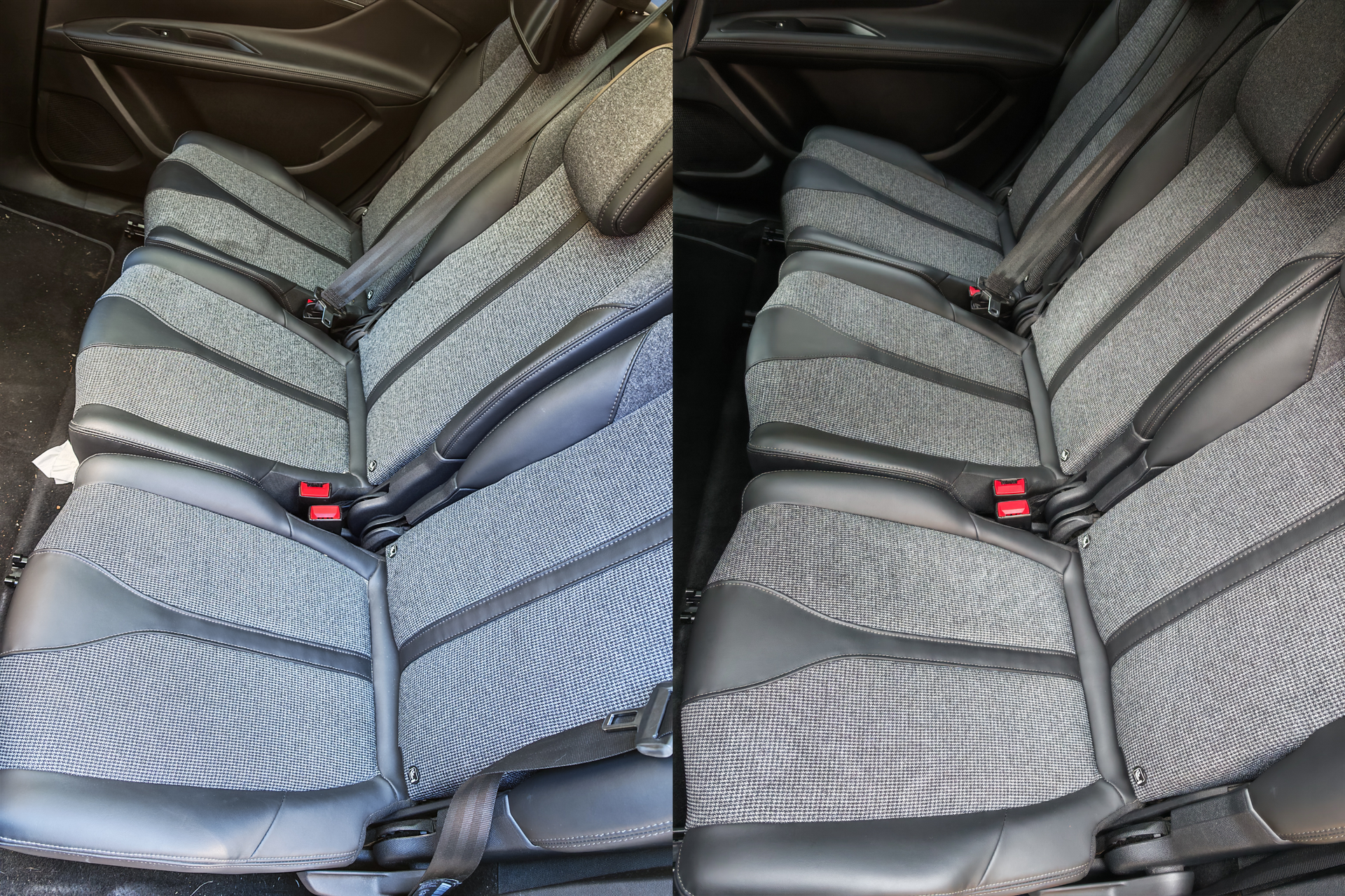 Avant/après d’un nettoyage des sièges arrière en tissu et cuir d’un Peugeot 5008