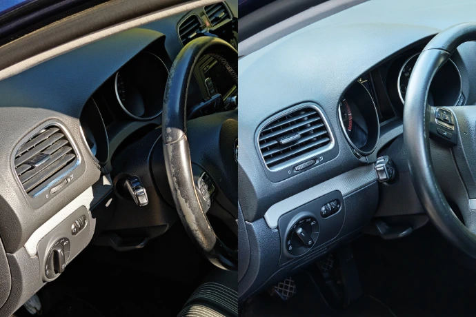 Comparatif avant / après nettoyage du volant et du tableau de bord d’une Volkswagen Golf, plastiques dépoussiérés et ravivés