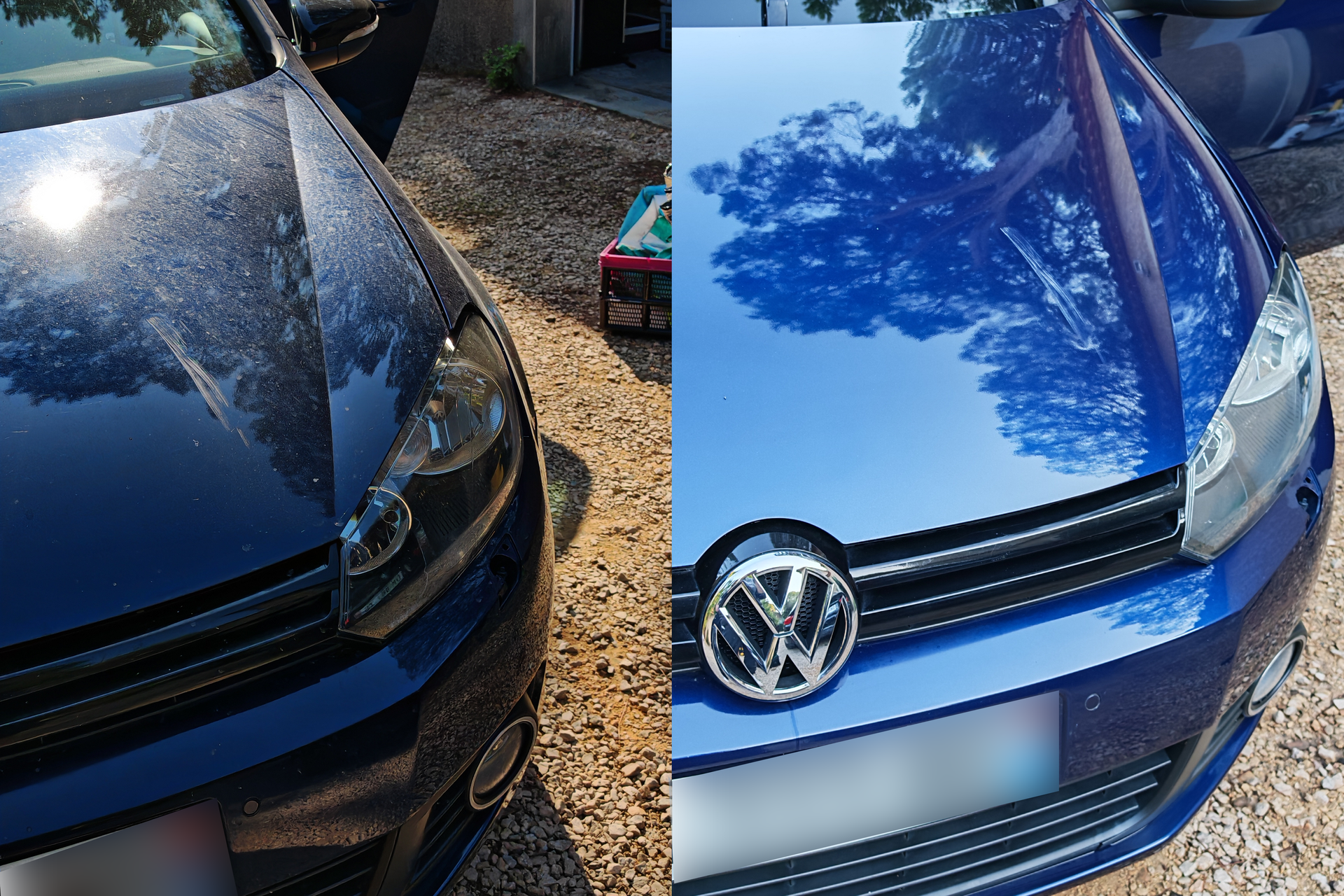 Comparatif avant / après lavage du capot d’une Volkswagen Golf bleue, suppression des traces et poussières sur la carrosserie