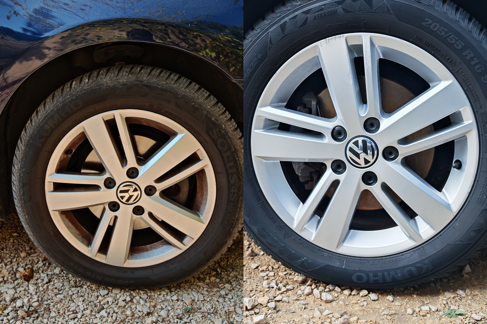 avant / après nettoyage en profondeur d’une jante de Volkswagen Golf, élimination du voile noir et de la poussière de frein