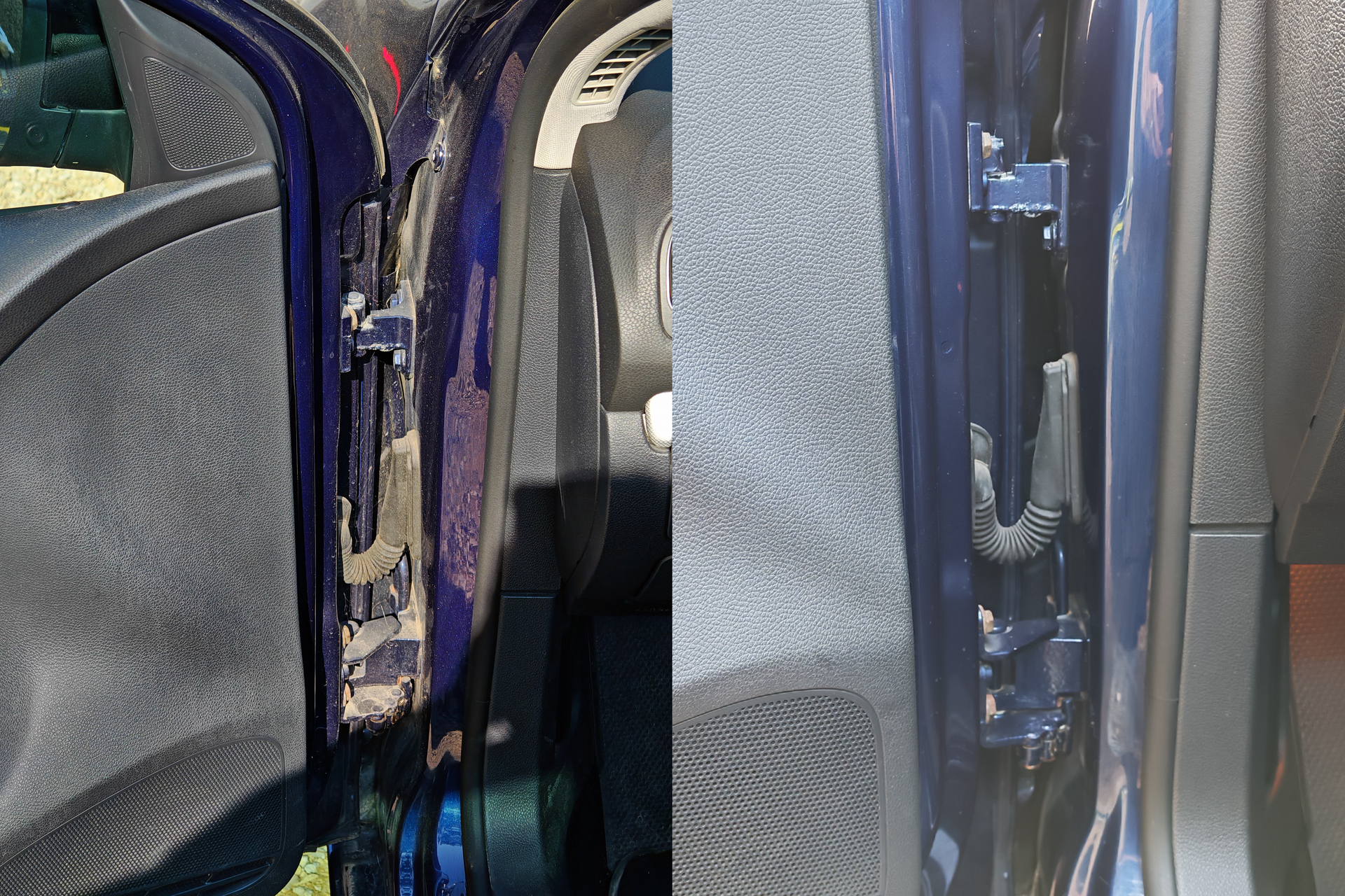Comparatif avant / après nettoyage du cadre de porte conducteur d’une Volkswagen Golf, charnières et joints dégraissés