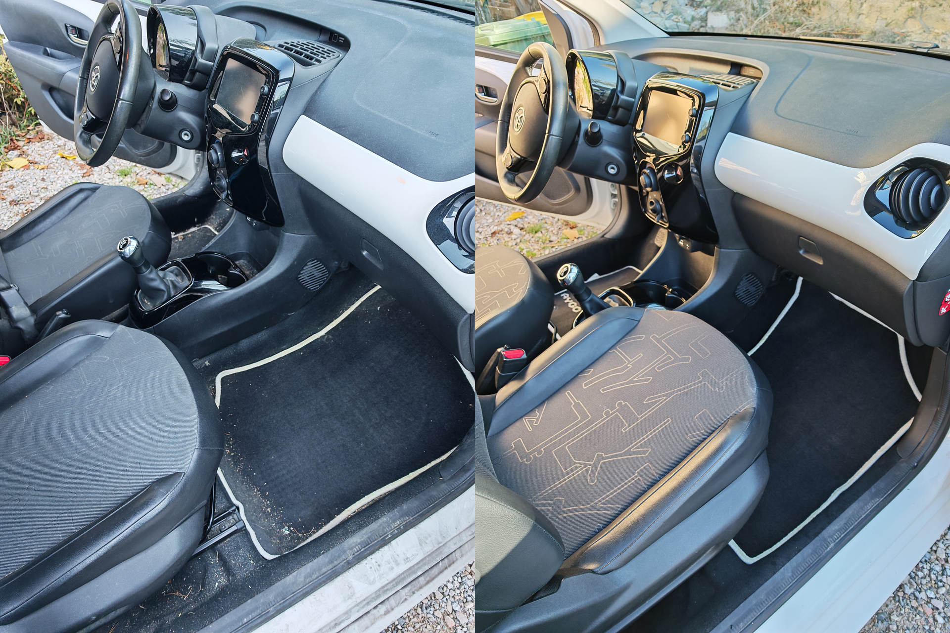 Avant après nettoyage intérieur côté passager Toyota Aygo