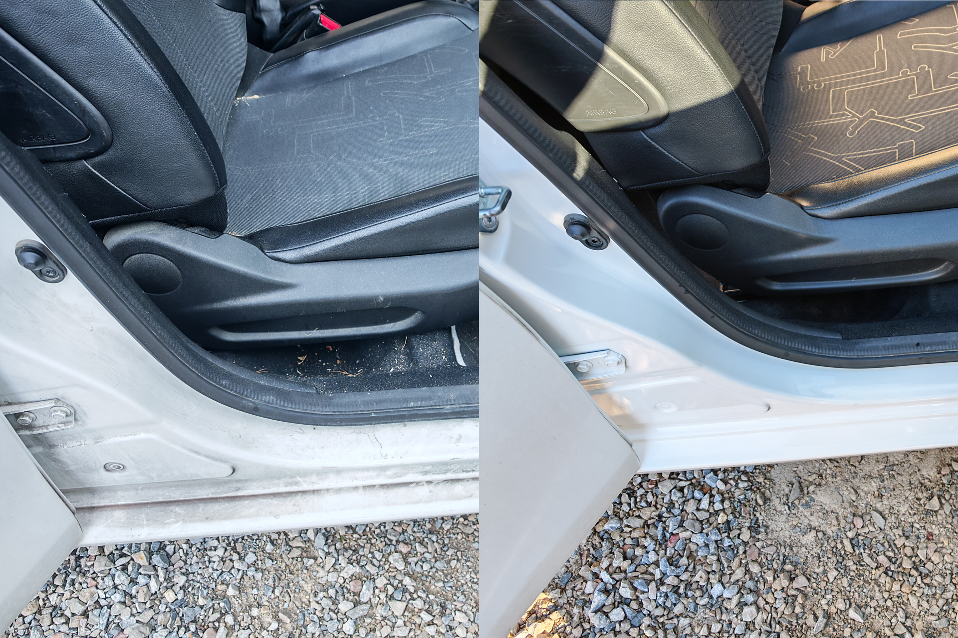 Avant après nettoyage seuil et cadre de porte passager Toyota Aygo