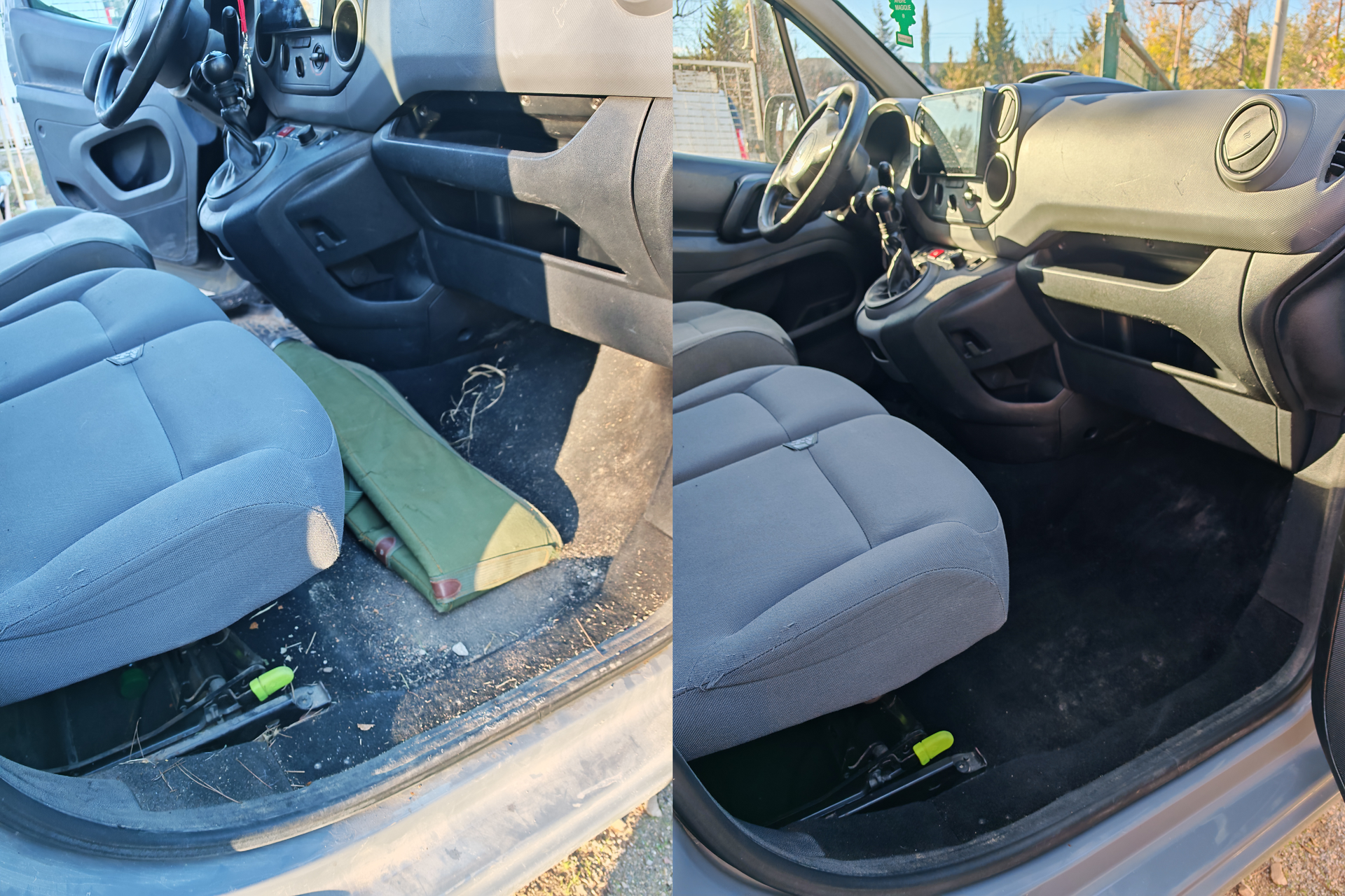 Nettoyage et aspiration du côté passager d’un Citroën Berlingo utilitaire, comparaison avant après.