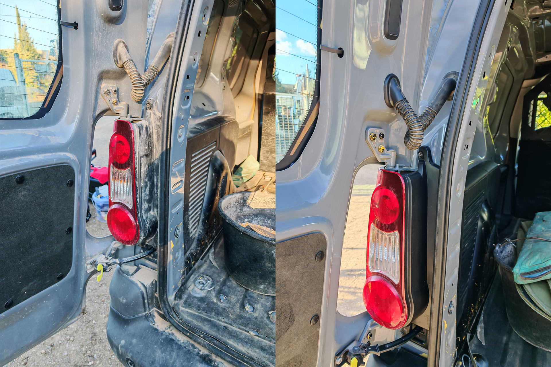 Dégraissage et nettoyage en profondeur du cadre de porte arrière d’un Berlingo utilitaire, vue avant après.