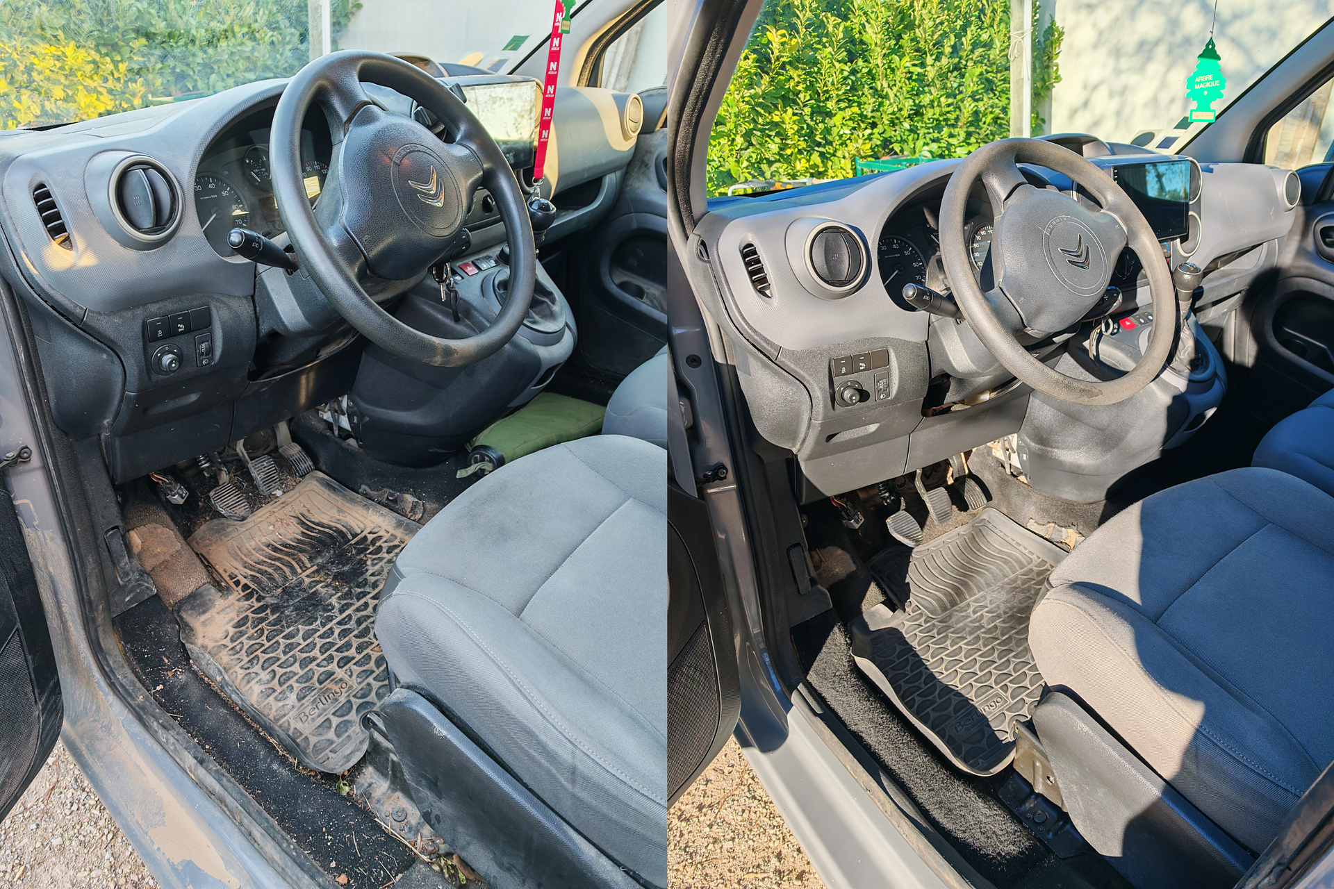 Transformation de la place conducteur d’un Berlingo très sale après un nettoyage intérieur complet à Saint-Brès.