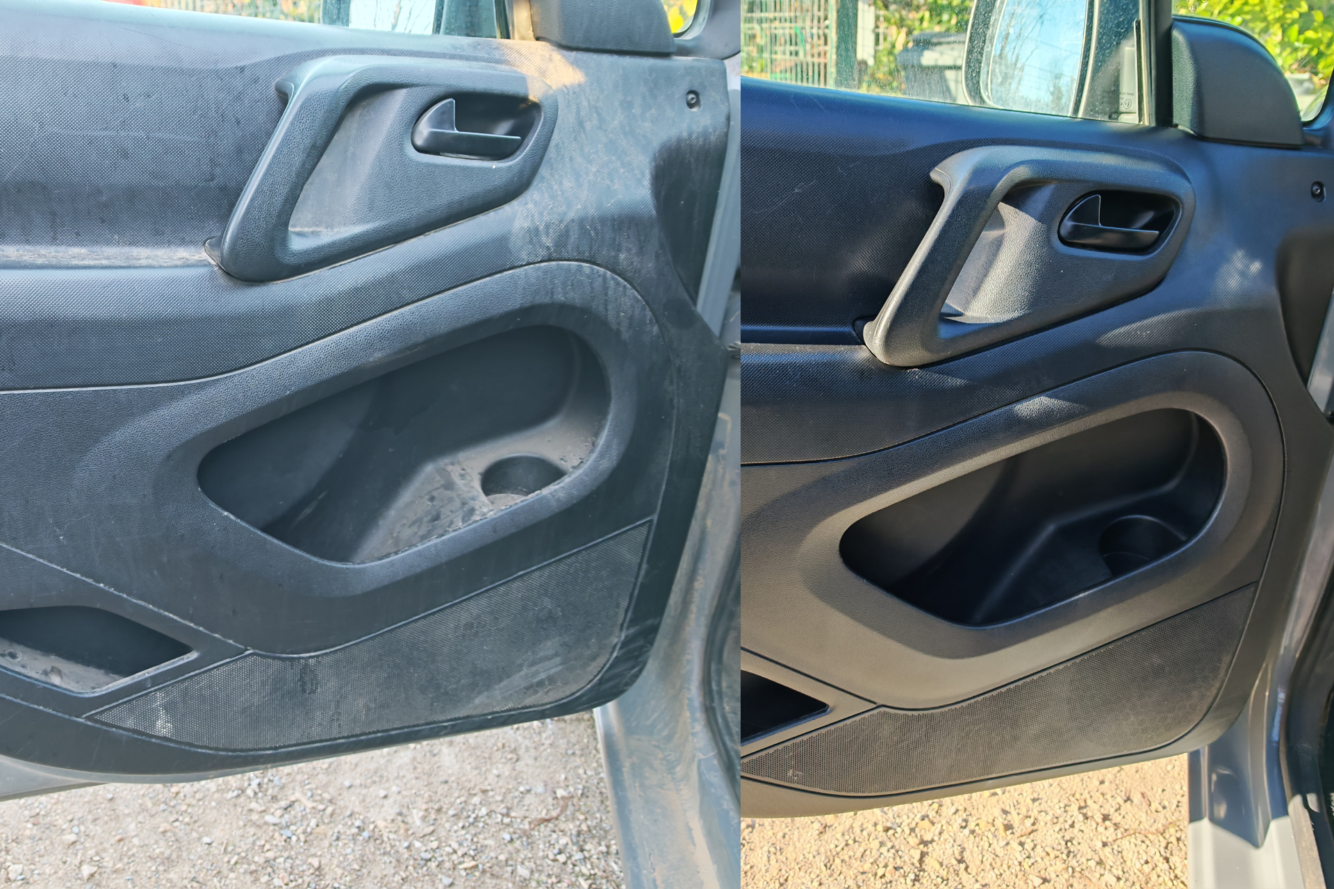 Rénovation plastique de la portière conducteur d’un Berlingo après lavage intérieur professionnel près de Montpellier