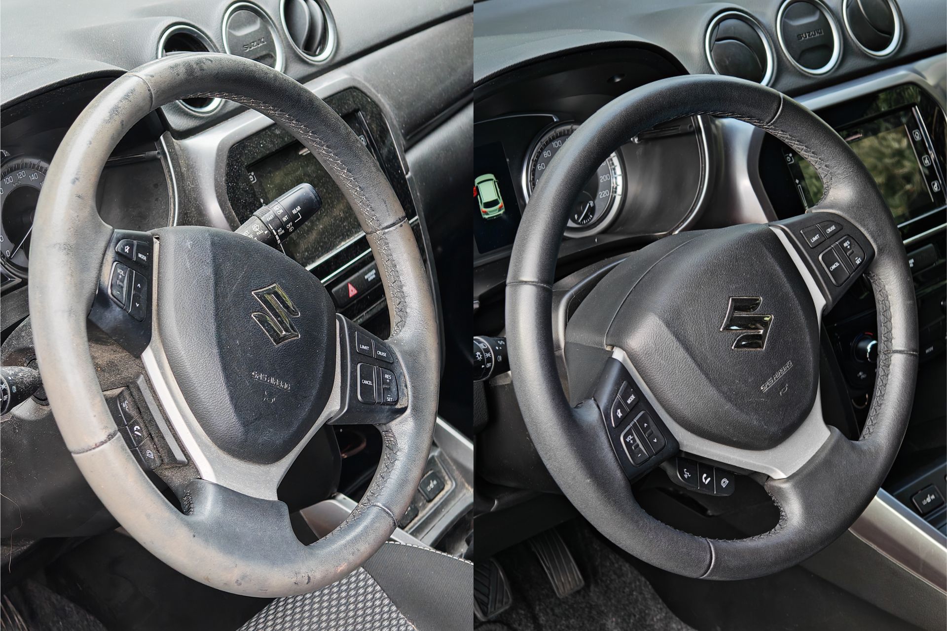 Avant après nettoyage volant et commandes, traces de saleté retirées sur l’habitacle conducteur