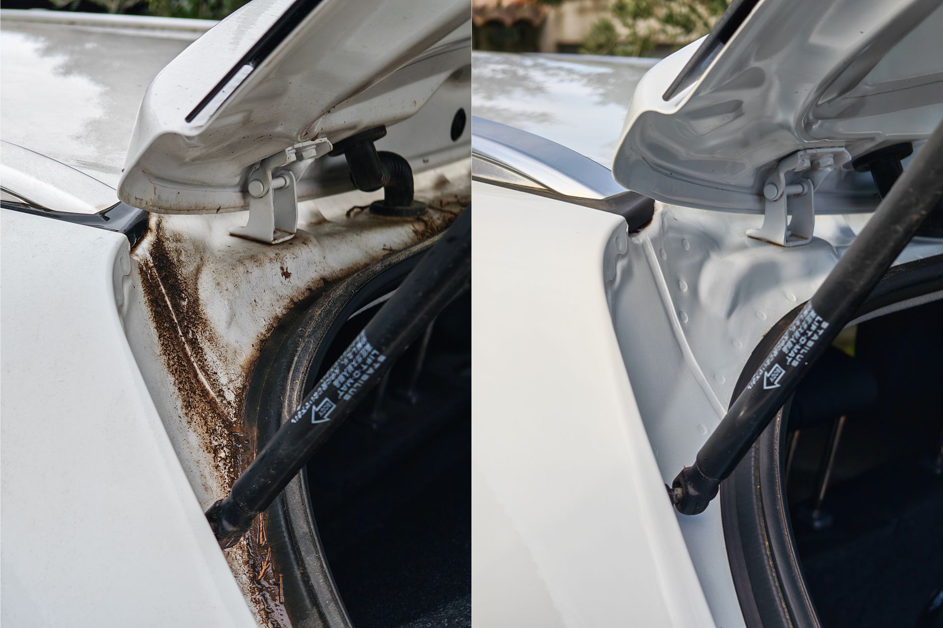 Avant après nettoyage montant de coffre et charnières, rouille de surface et coulures supprimées