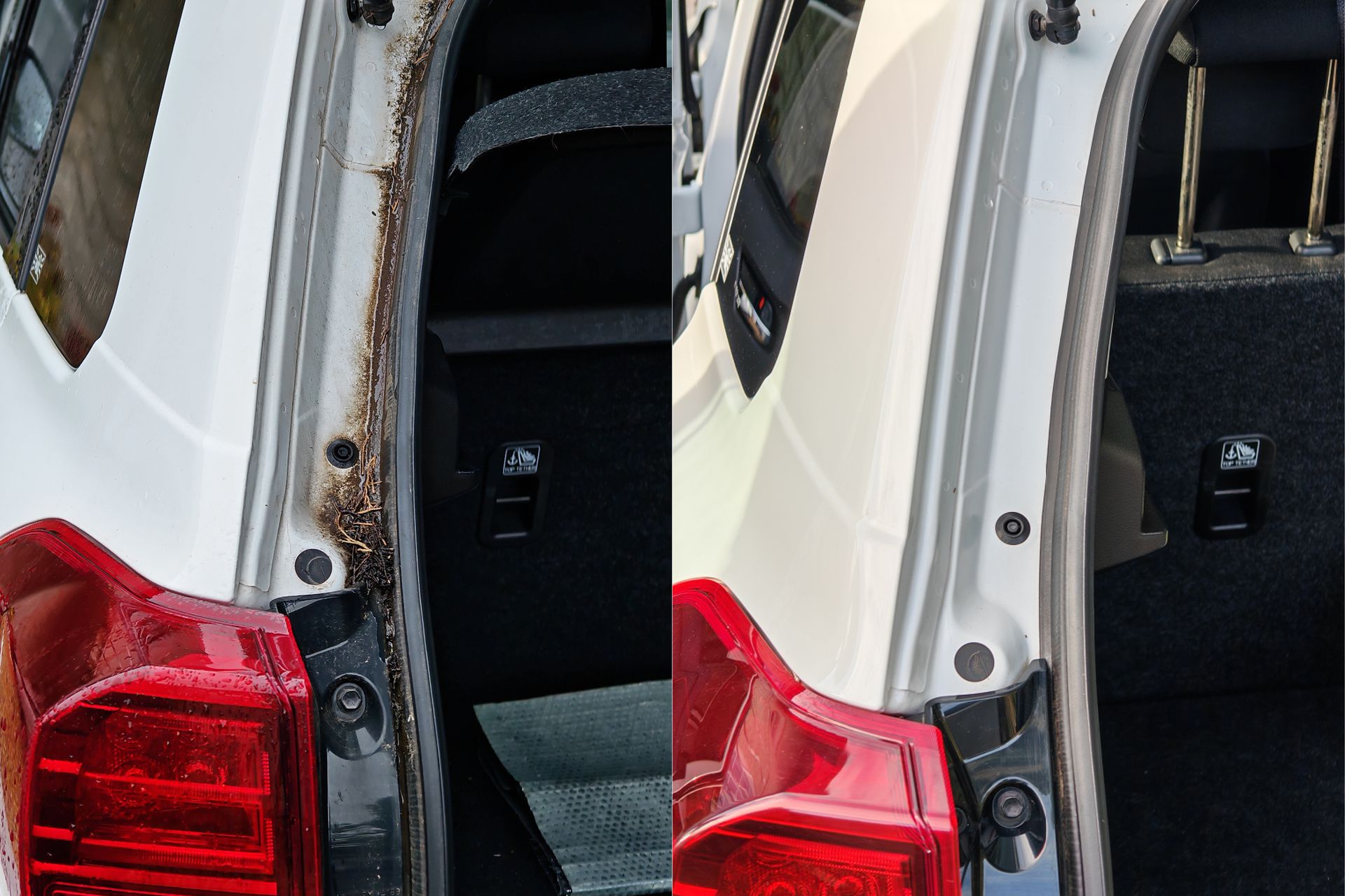 Avant après nettoyage montant de coffre et feu arrière, rouille de surface et traces noires supprimées