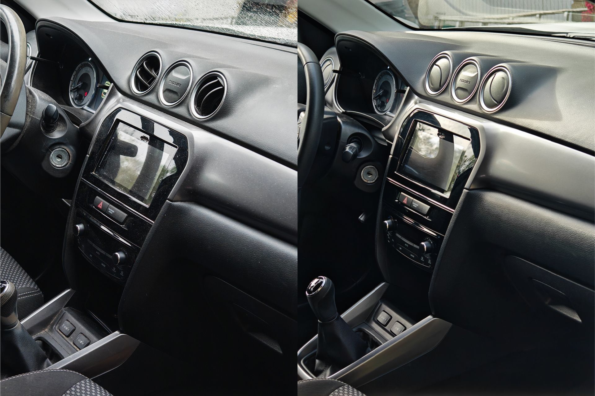 Avant après nettoyage tableau de bord et console multimédia, plastiques dégraissés et dépoussiérés