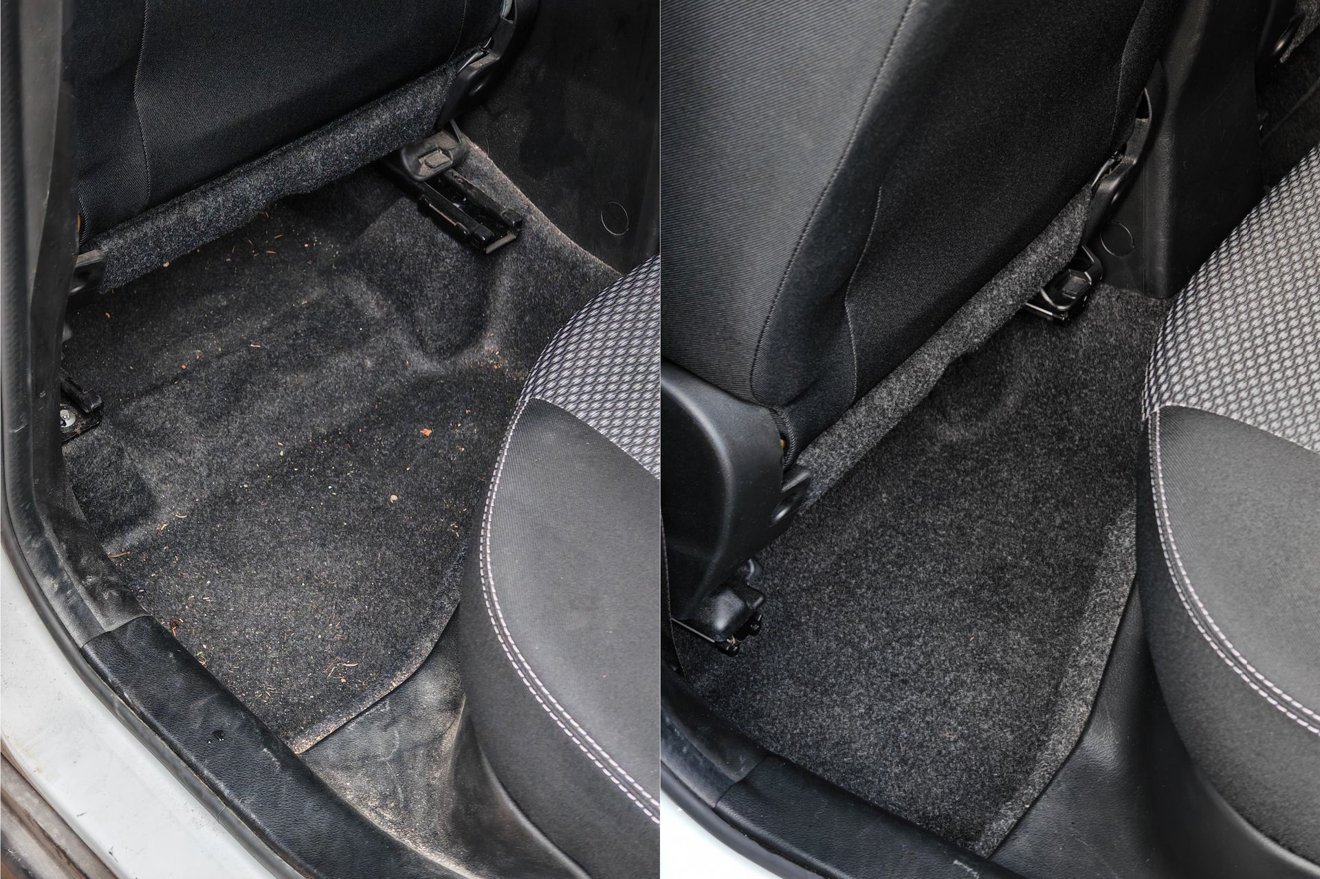 Avant après nettoyage tapis arrière passager, miettes et taches enlevées