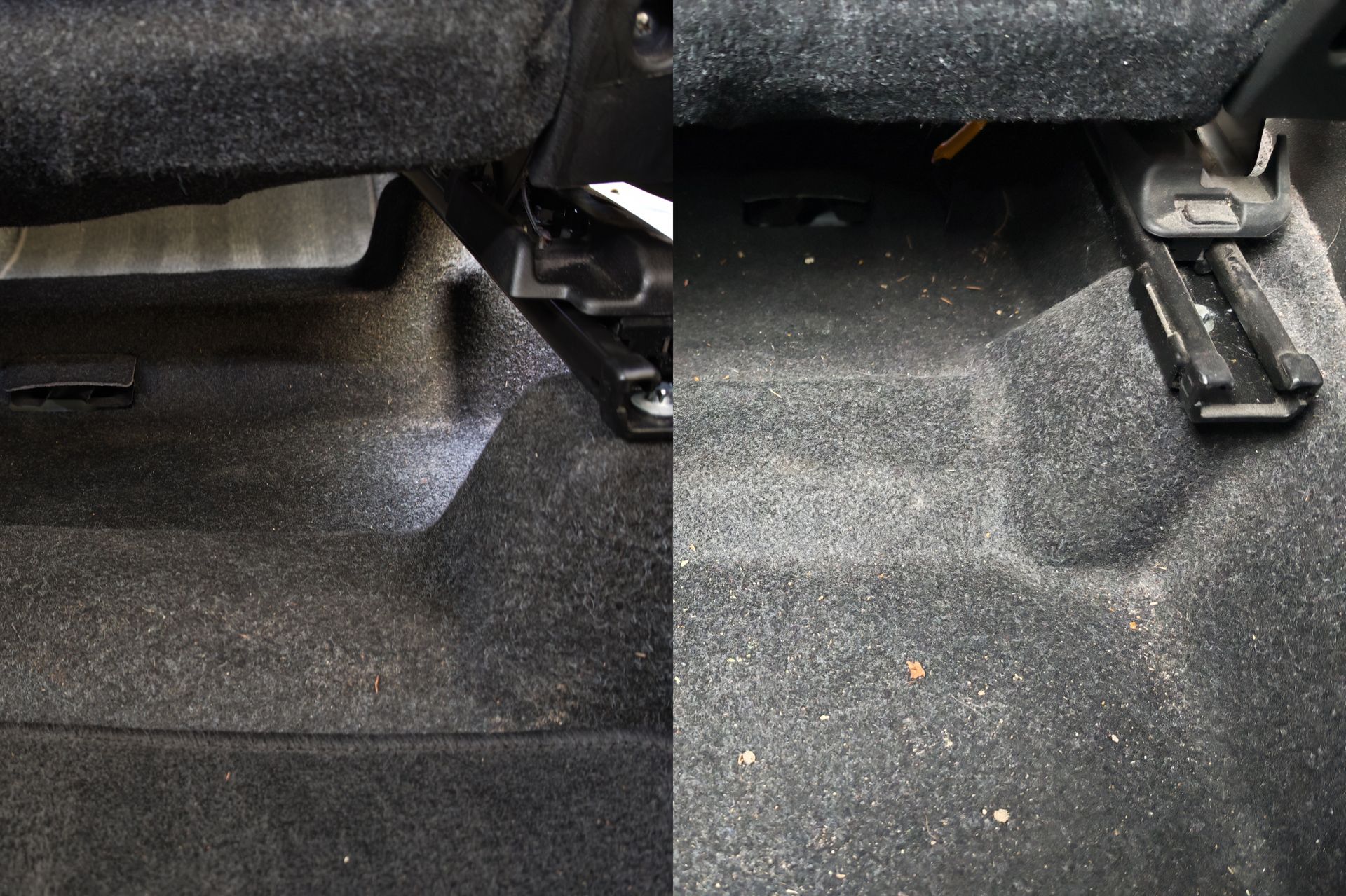 Avant après nettoyage sous siège avant, poussières et détritus aspirés sur la moquette