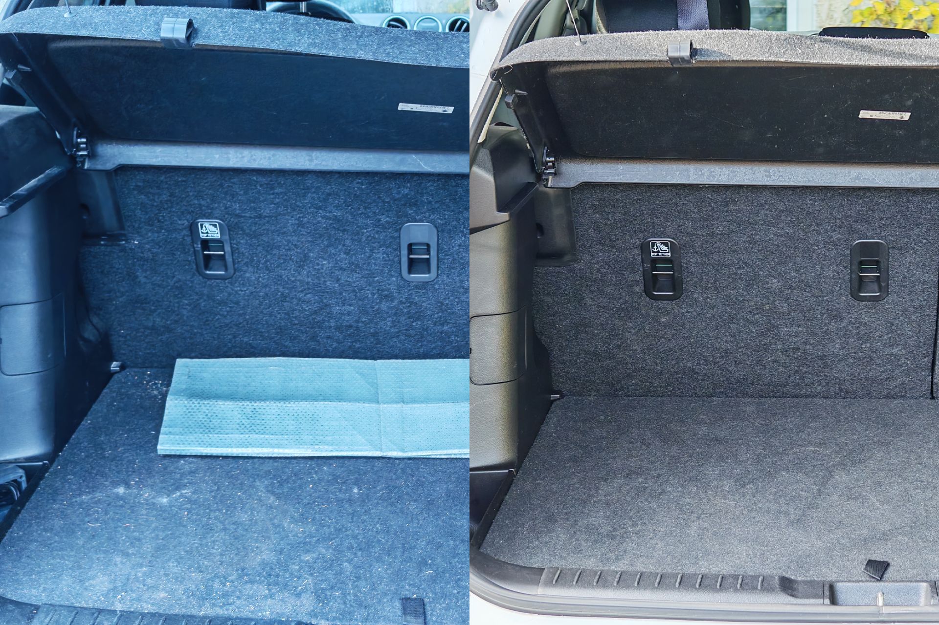 Avant après nettoyage coffre voiture, tapis et dossier arrière aspirés et dépoussiérés