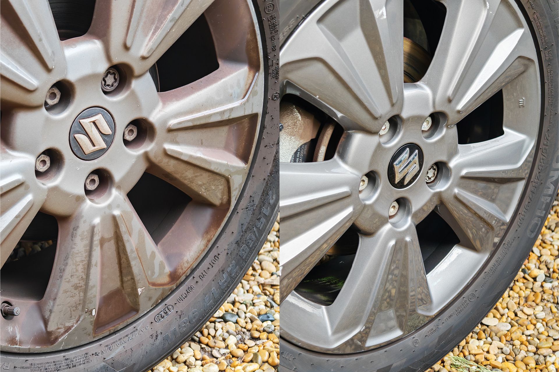 Avant après nettoyage jante alliage, dépôt de poussière de frein et saletés éliminés