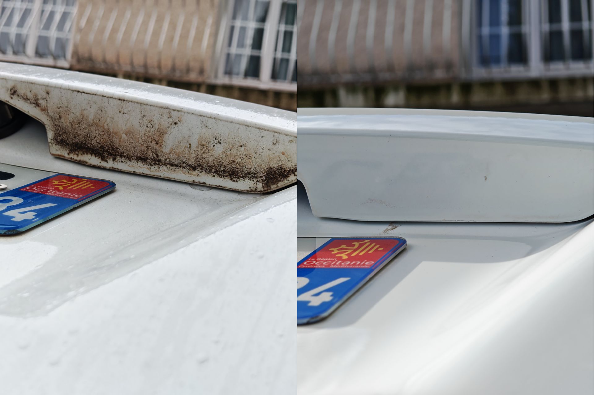 Avant après nettoyage bord de coffre et zone autour de la plaque, coulures et traces de mousse supprimées