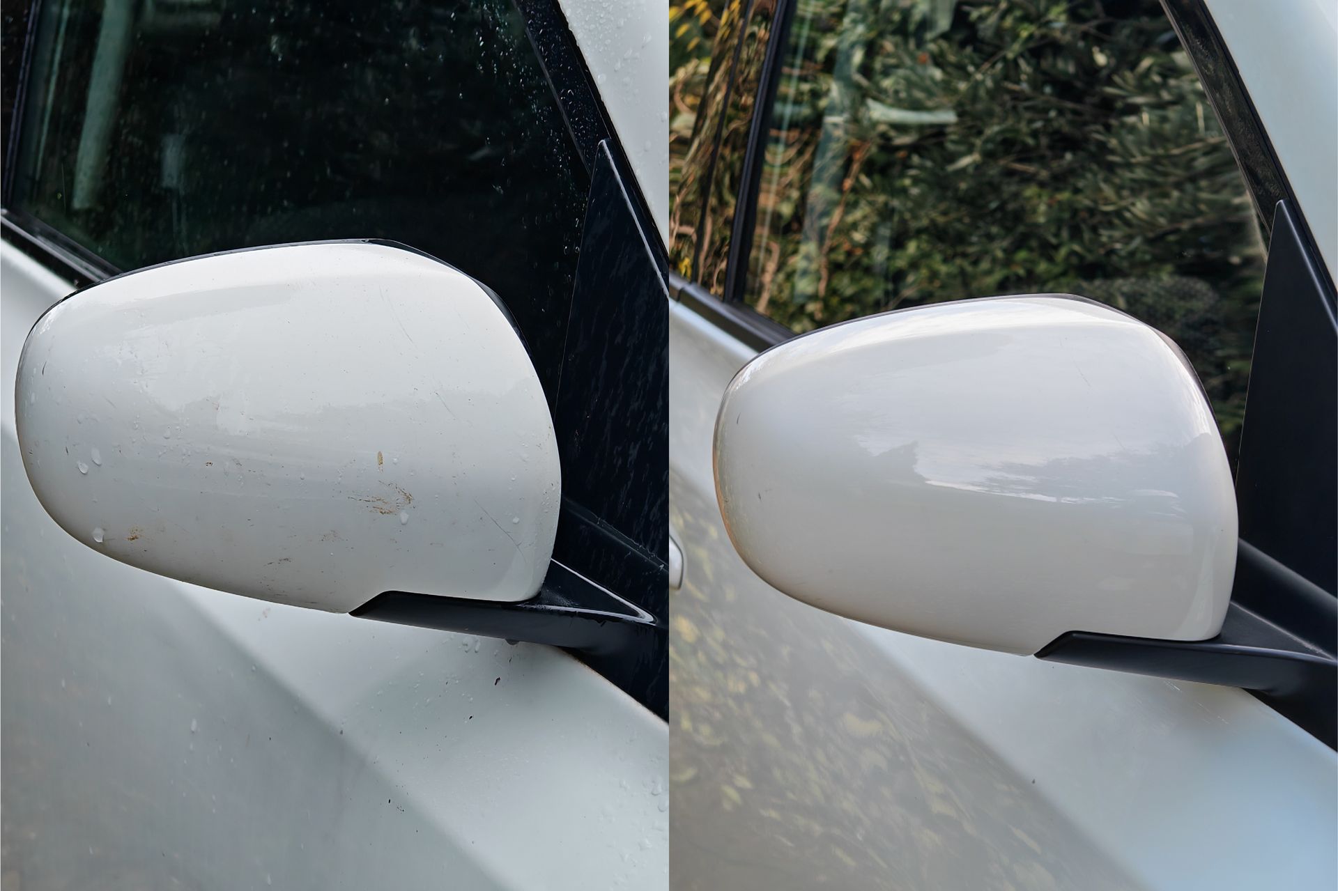 Avant après lavage rétroviseur blanc, traces d’insectes et salissures extérieures retirées