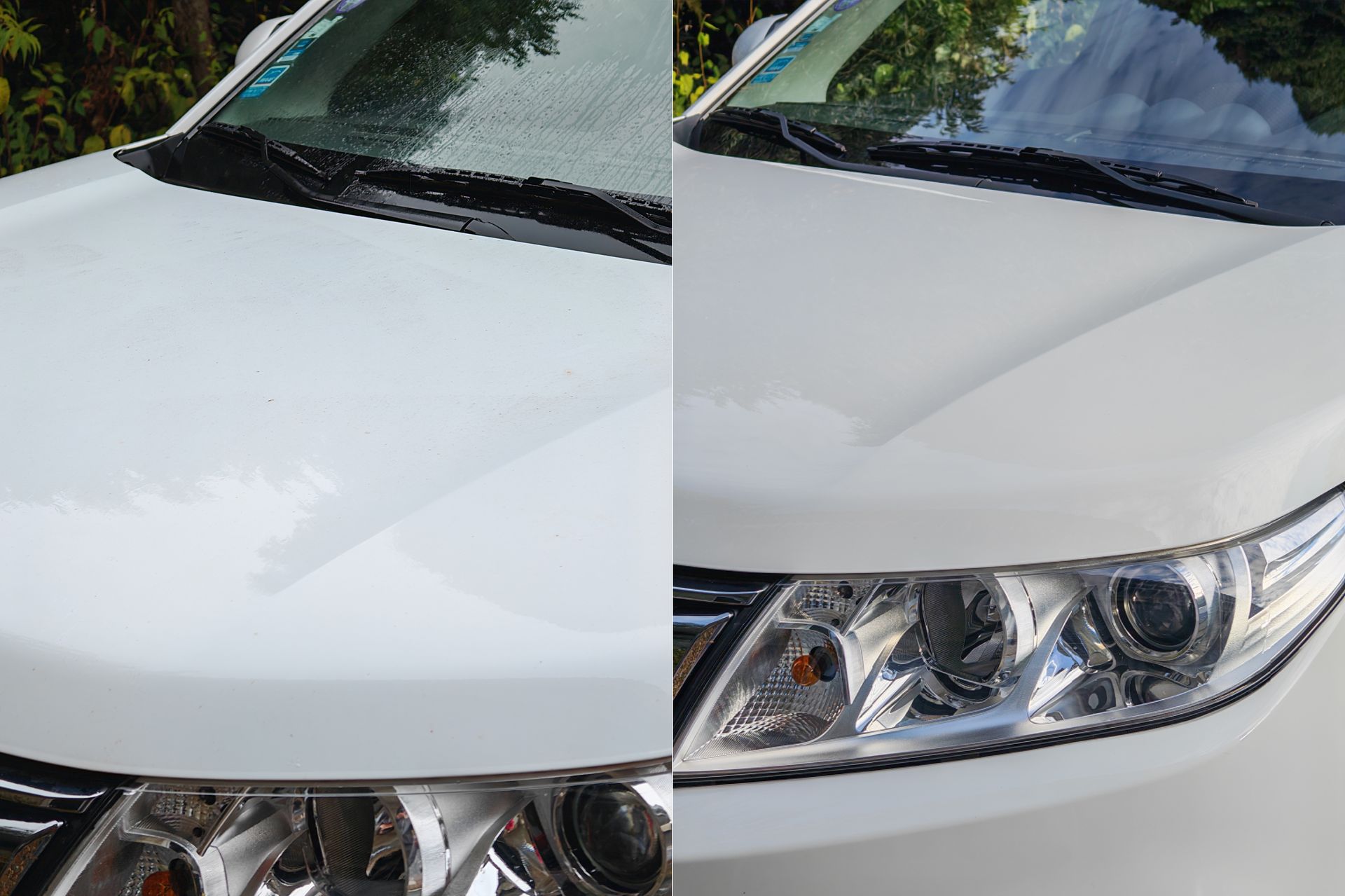 Avant après lavage capot et optique avant, film routier et insectes retirés