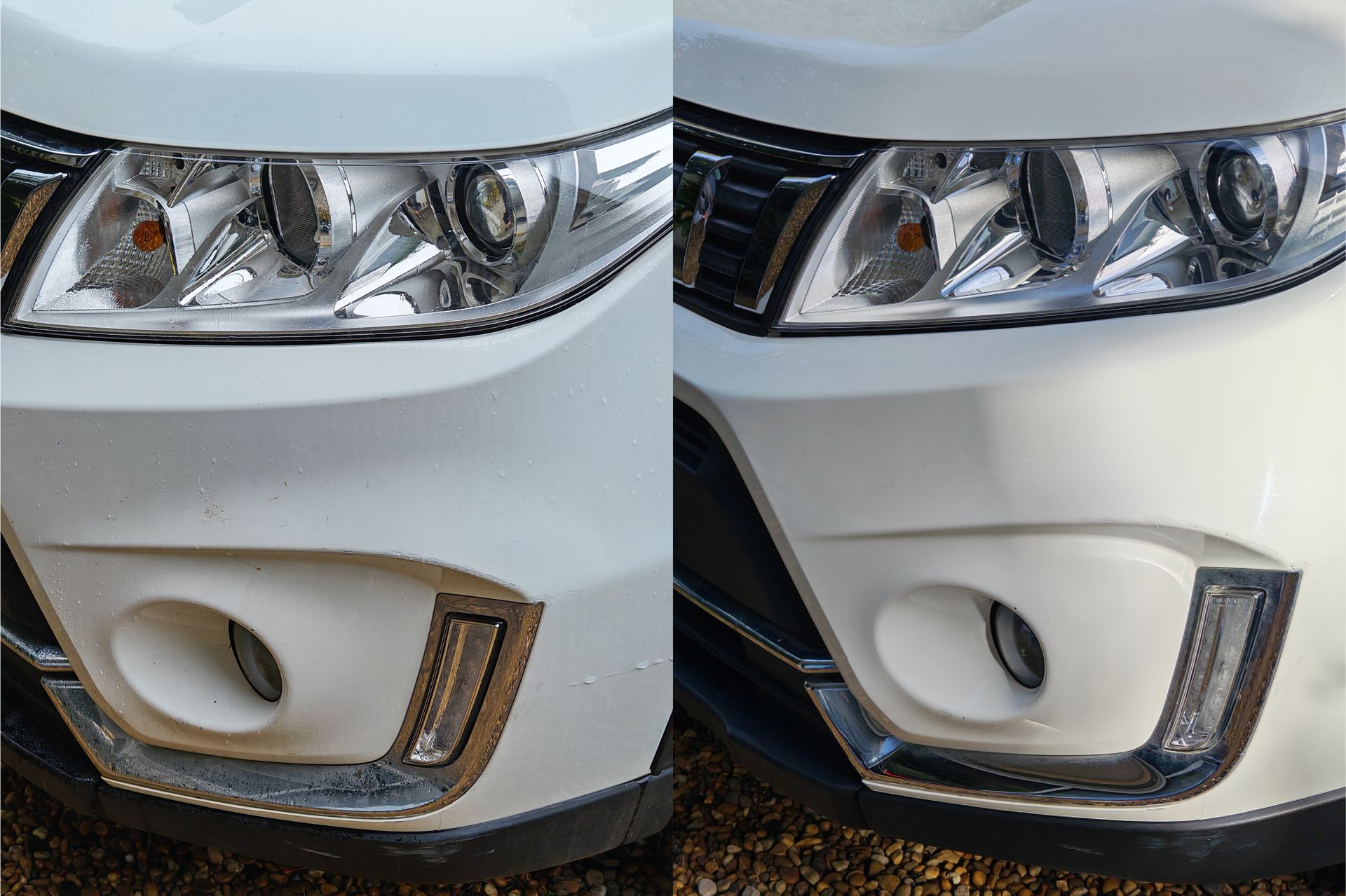 Avant après nettoyage optique avant et pare-chocs, insectes et film routier retirés