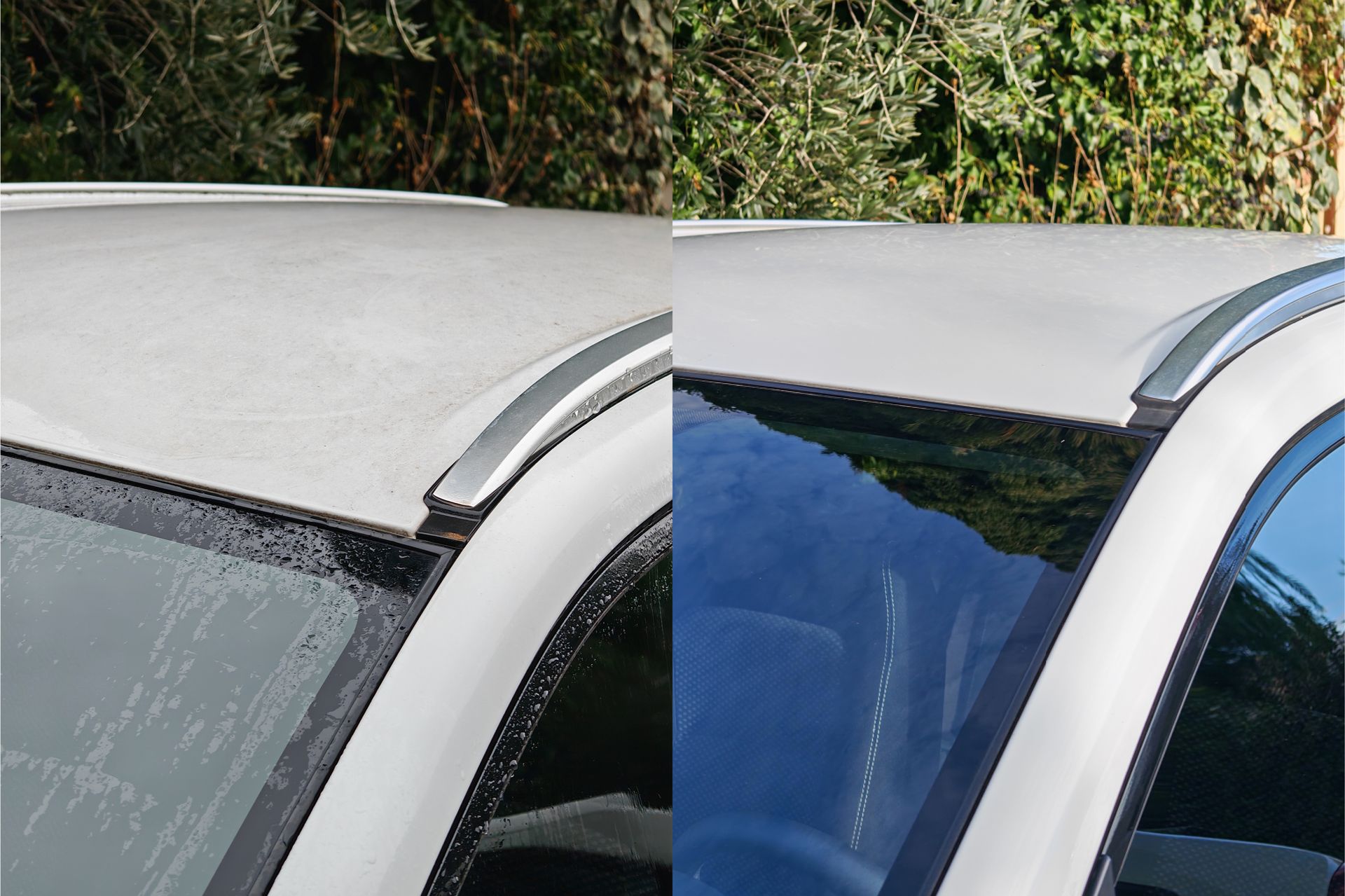 Avant après lavage toit et bord de pavillon, voile terne et pollution retirés