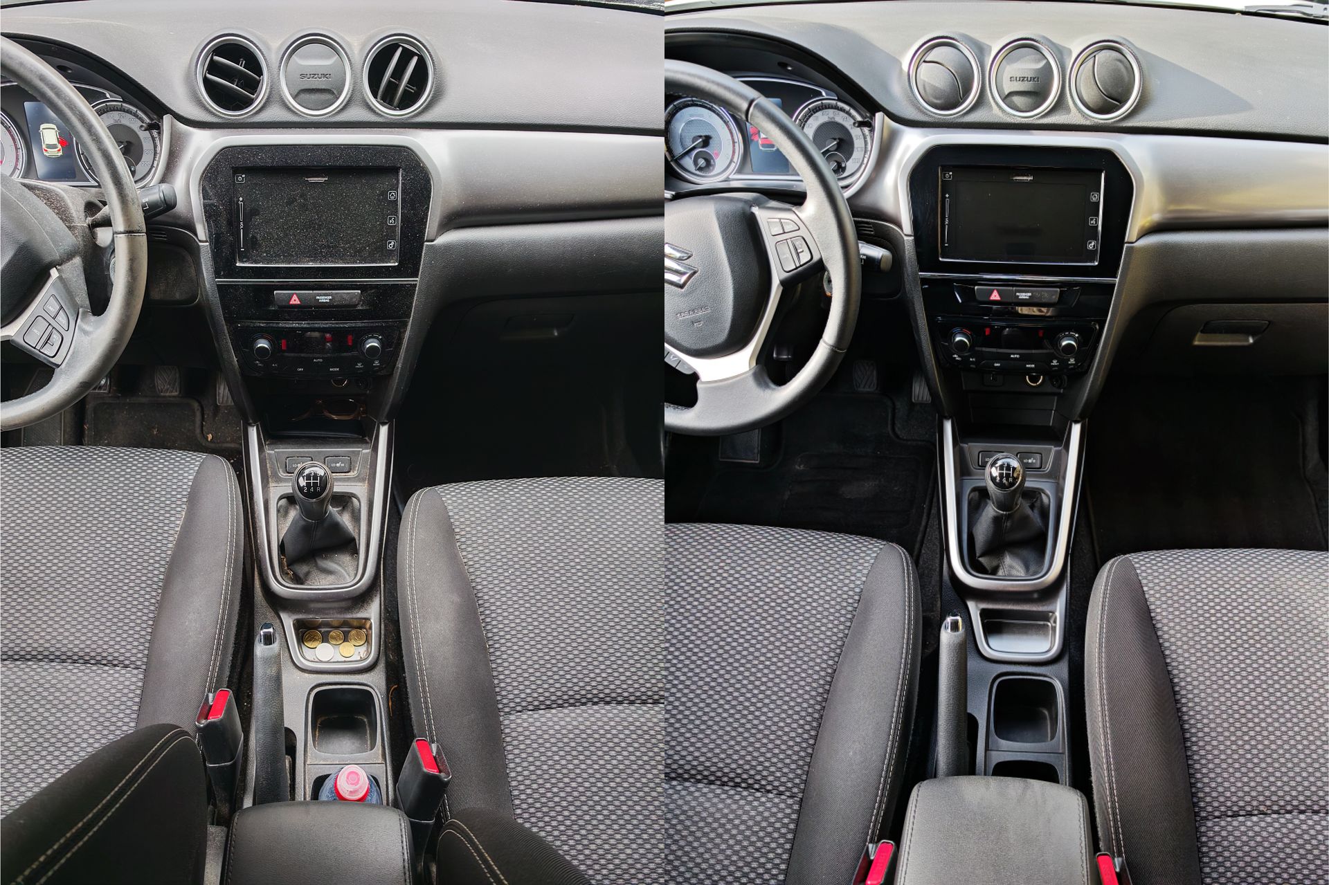 Avant après nettoyage siège conducteur et passager avant avec console centrale, tissus détachés et aspirés