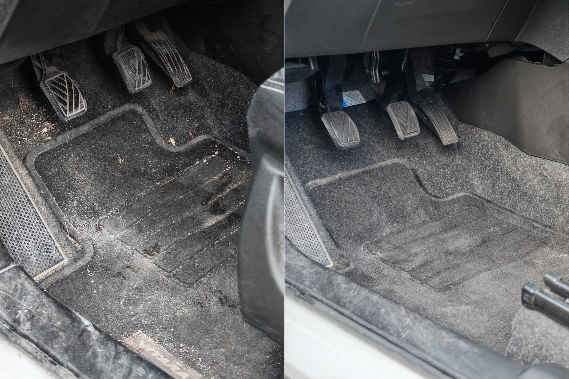 Avant après nettoyage tapis et pédales côté conducteur, moquette aspirée et ravivée