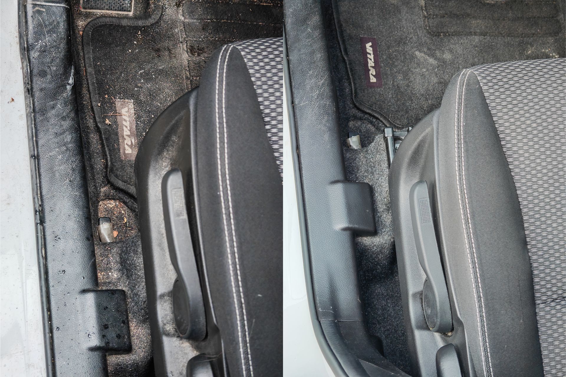 Avant après nettoyage rails de siège avant et seuil intérieur, dépôt de boue et gravillons éliminés