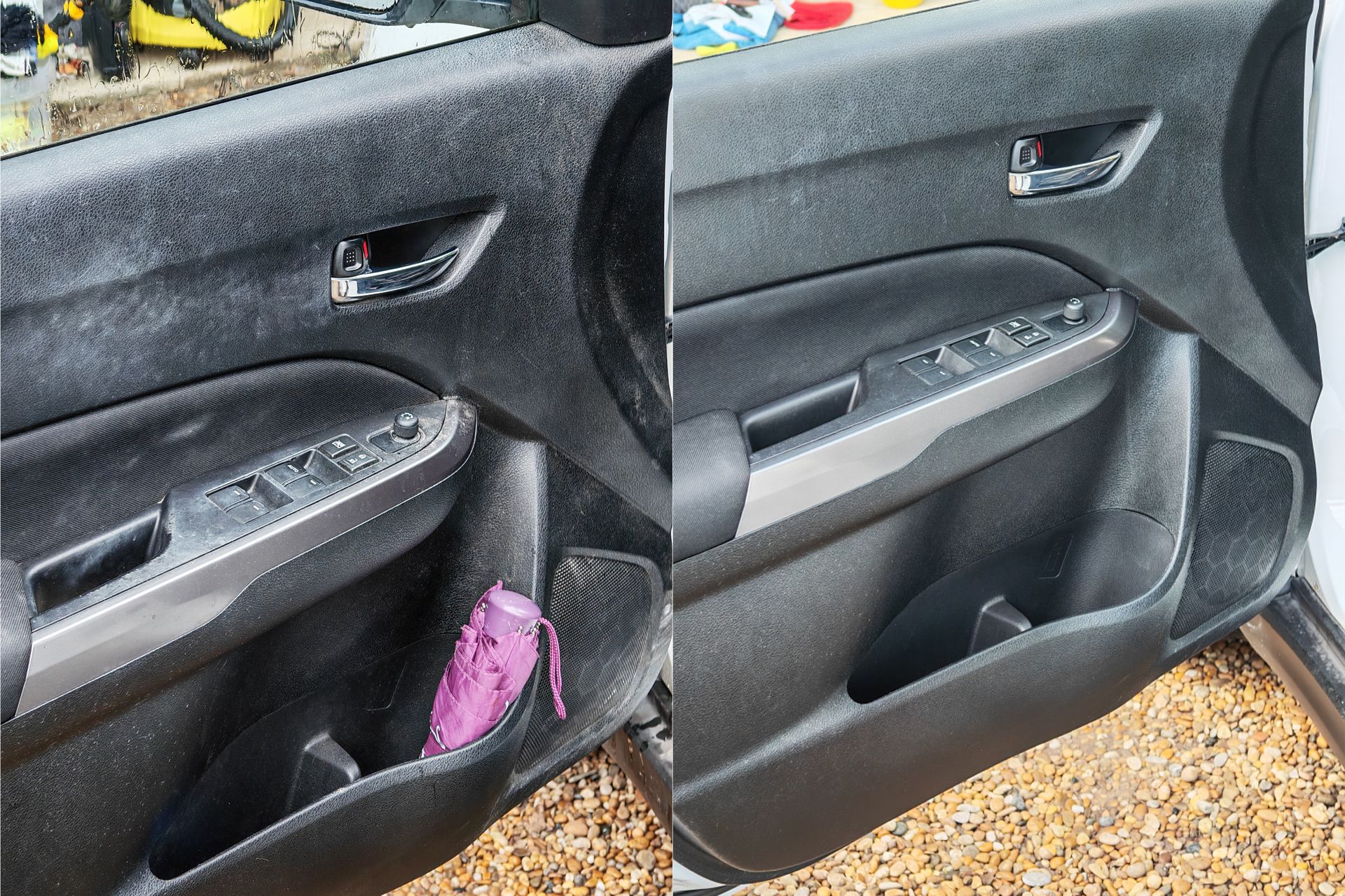 Avant après nettoyage panneau de porte conducteur, poignées et commandes de vitres dégraissées