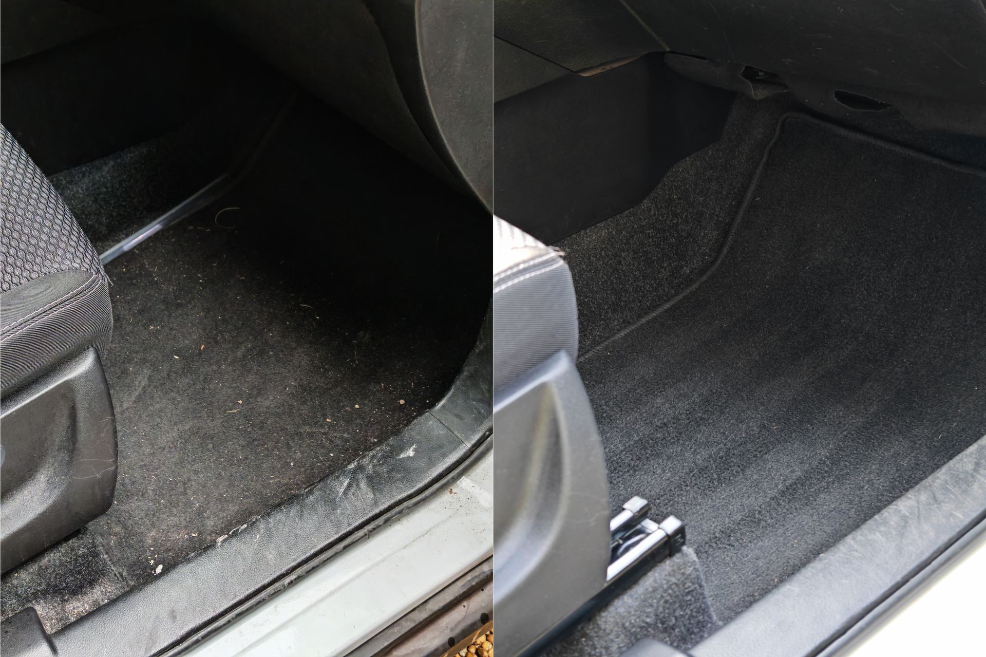 Avant après nettoyage tapis passager avant, poussière et gravillons aspirés
