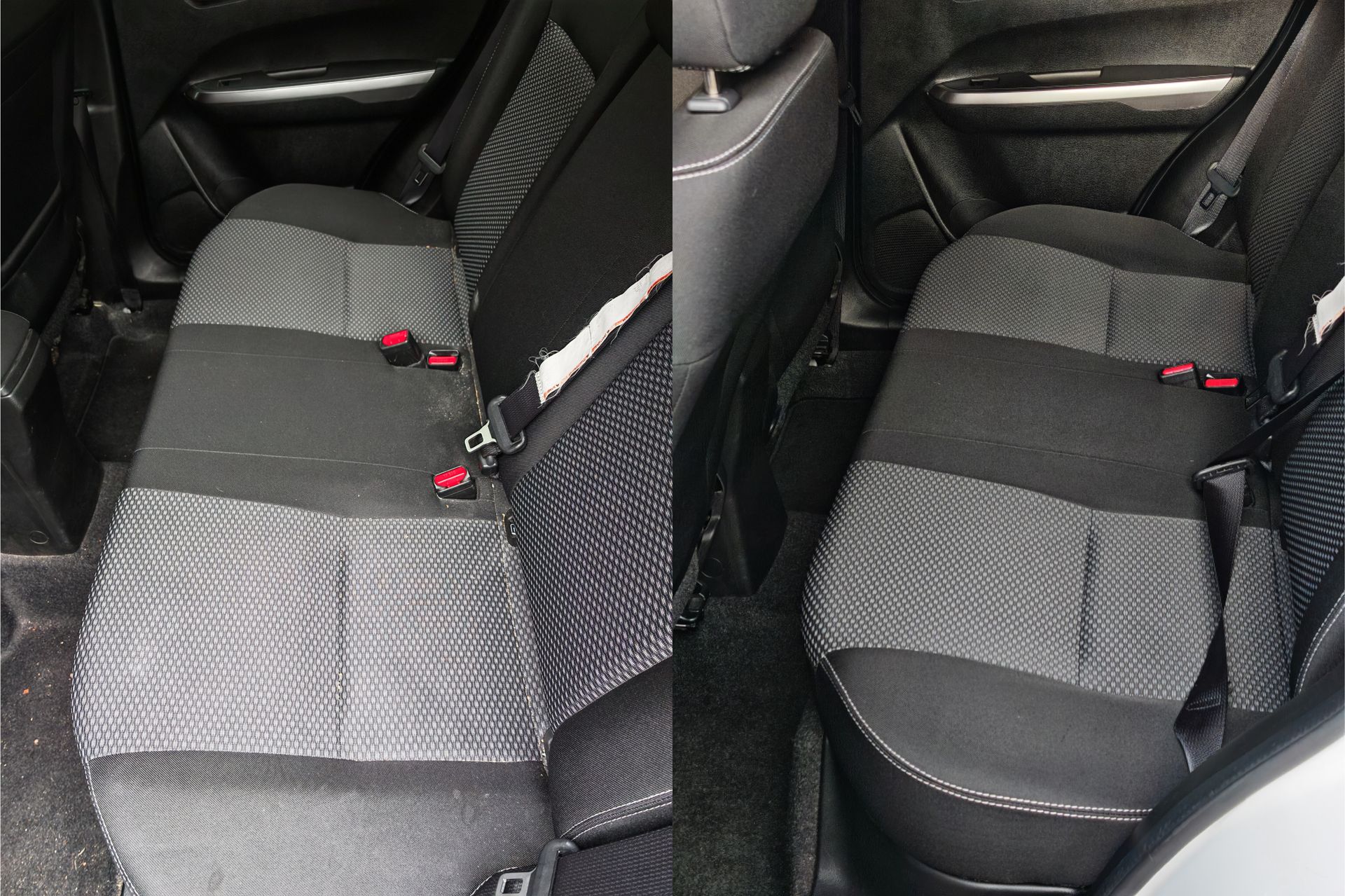 Avant après nettoyage banquette arrière tissu, poils, miettes et taches enlevés